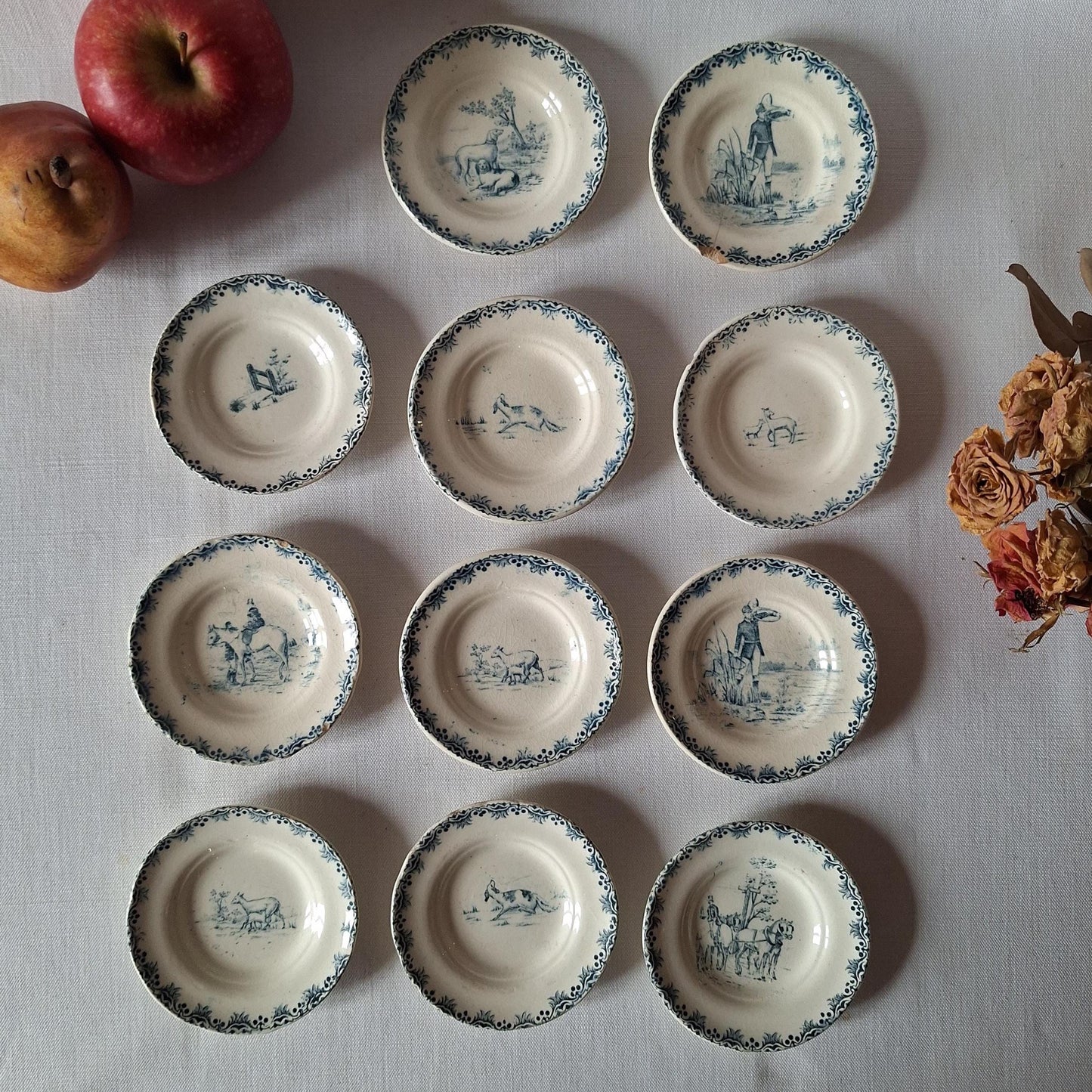 Miniature French Antique Children's dinette plate set, teal Transferware, Choisy le Roi, c.1890, 23 pieces.