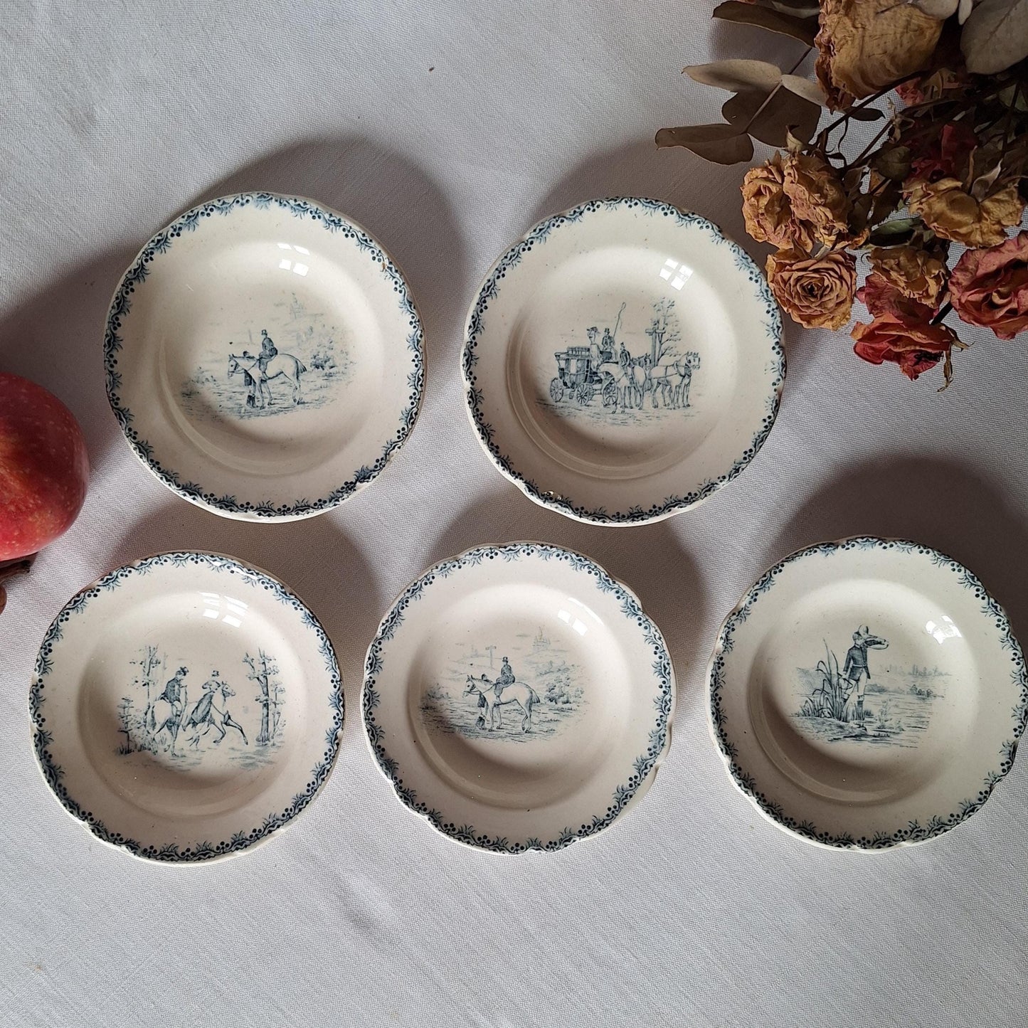Miniature French Antique Children's dinette plate set, teal Transferware, Choisy le Roi, c.1890, 23 pieces.