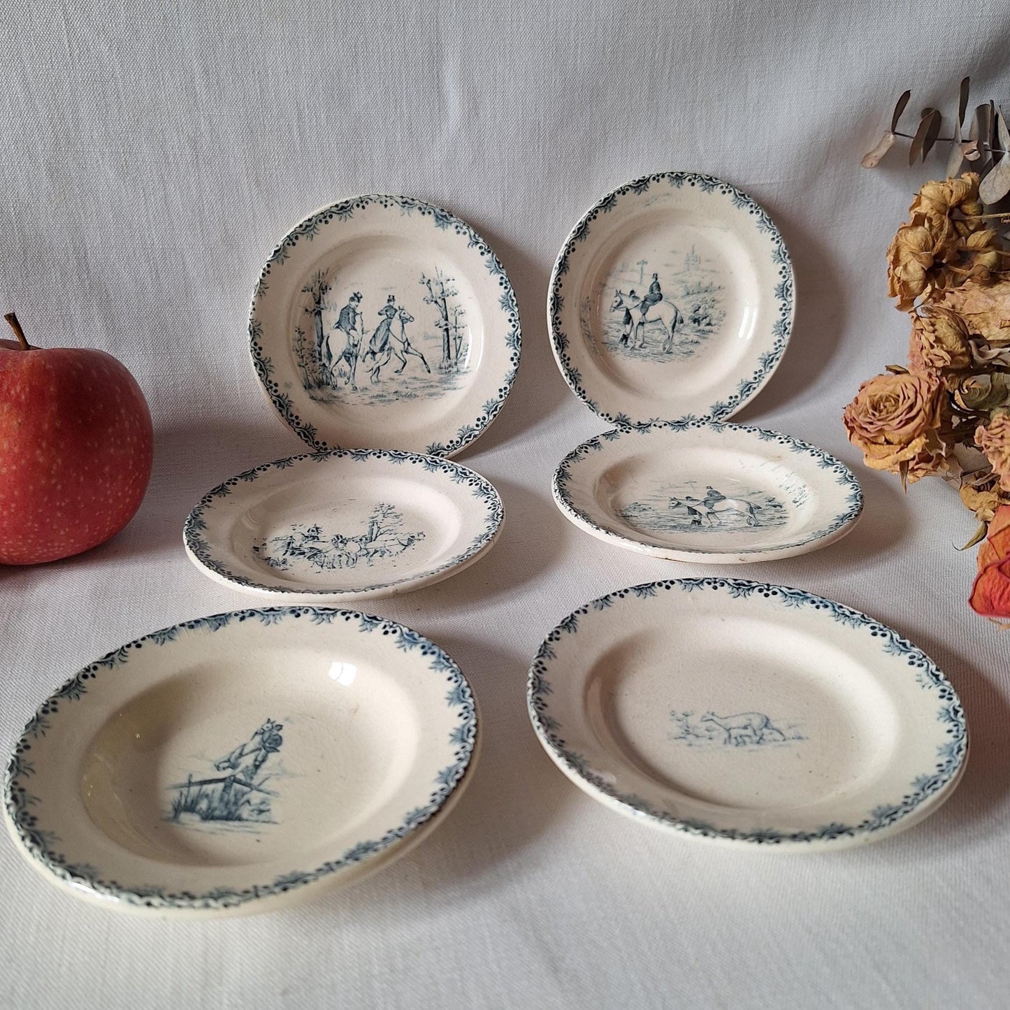 Miniature French Antique Children's dinette plate set, teal Transferware, Choisy le Roi, c.1890, 23 pieces.