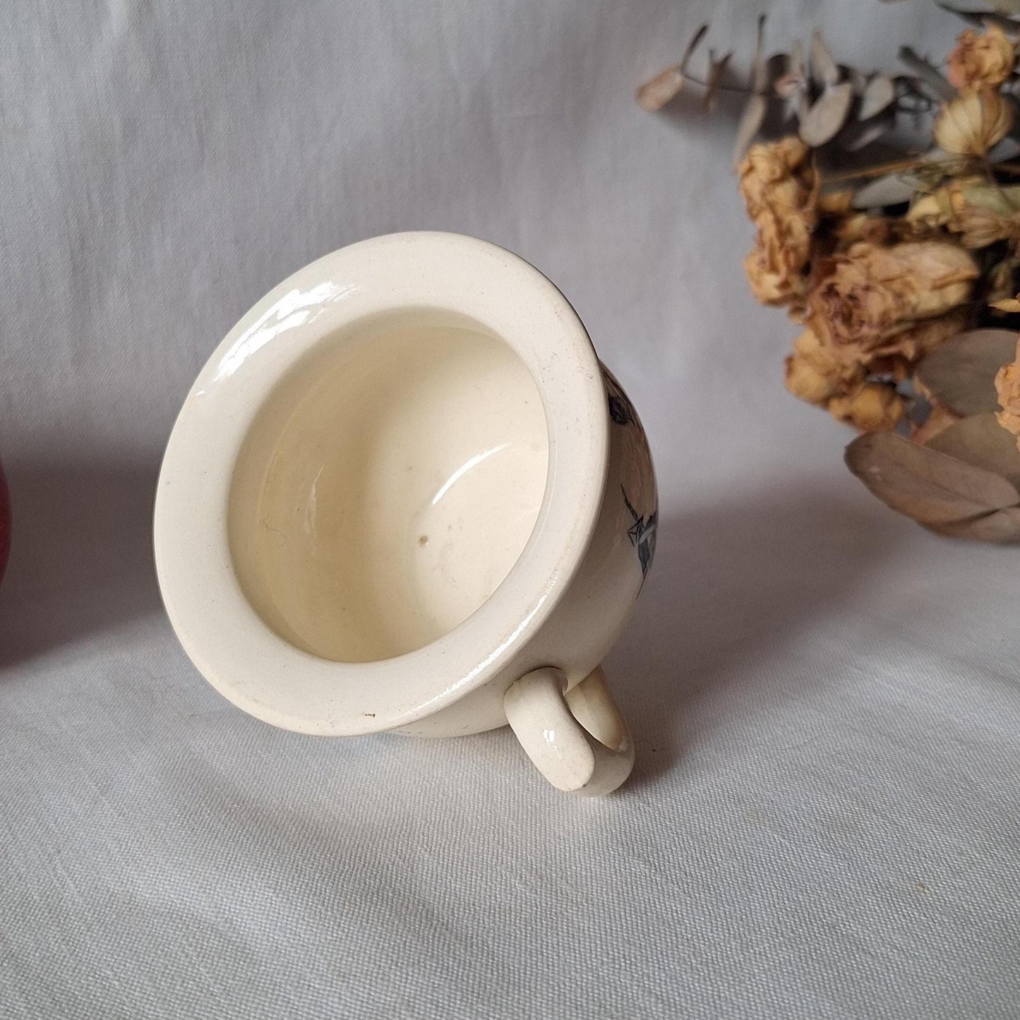 Miniature Antique doll chamber pot, Teal Transferware, French faience, Children's toy c.1890