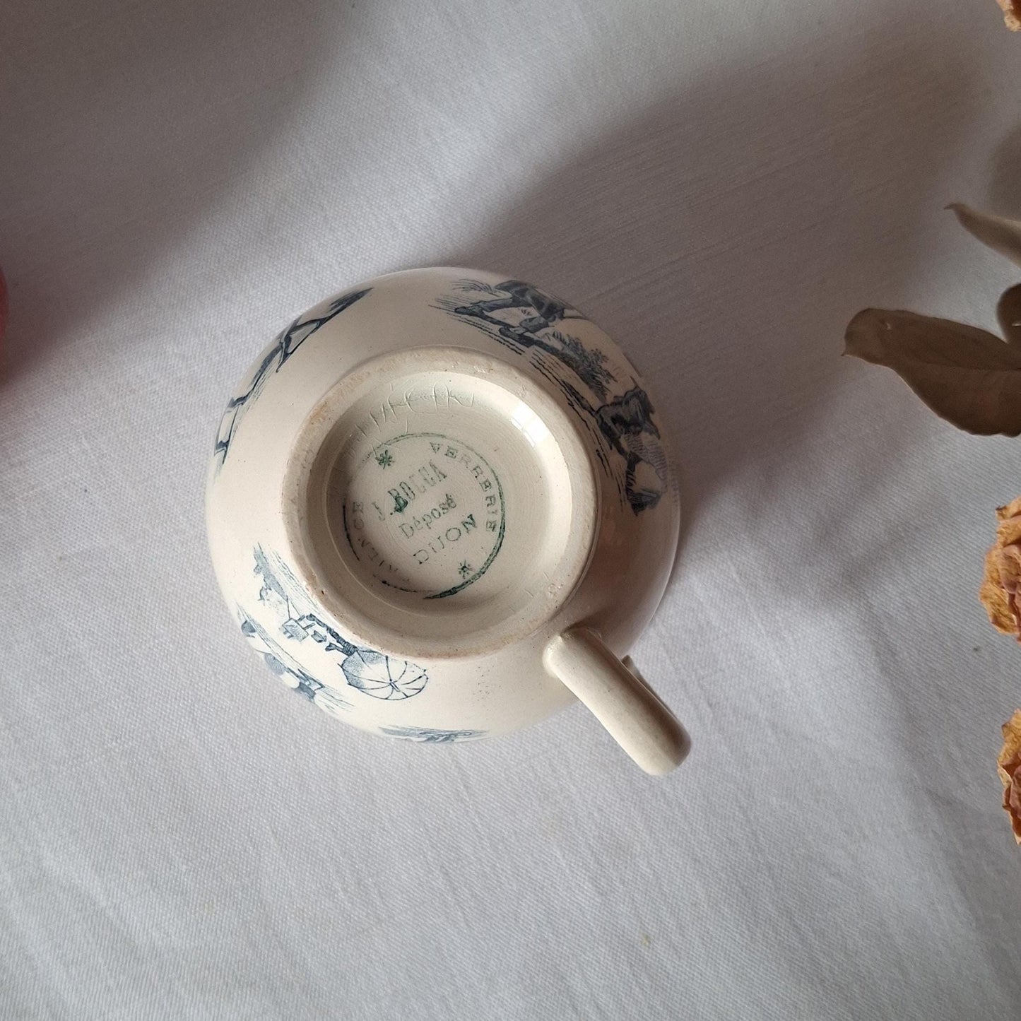 Miniature Antique doll chamber pot, Teal Transferware, French faience, Children's toy c.1890