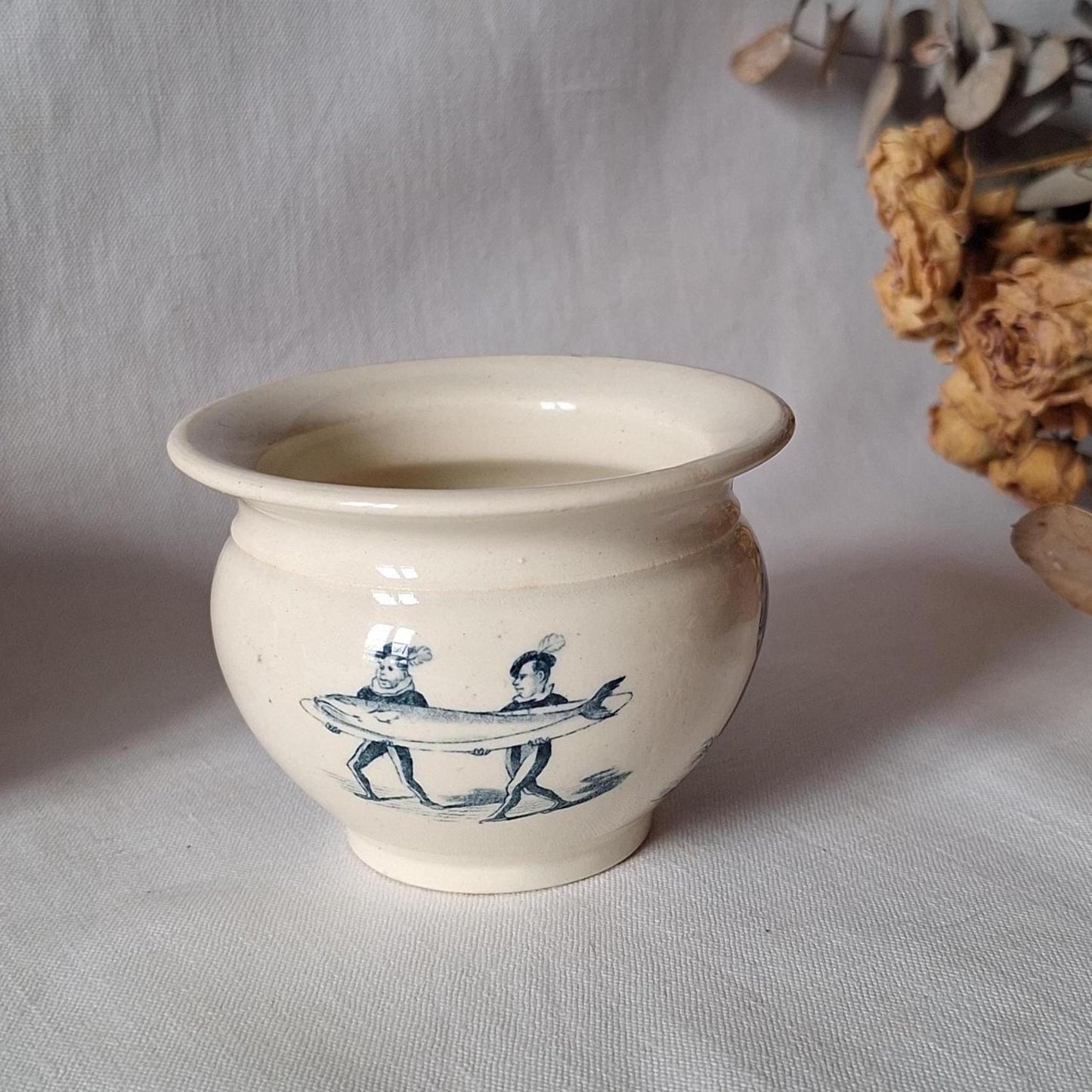 Miniature Antique doll chamber pot, Teal Transferware, French faience, Children's toy c.1890