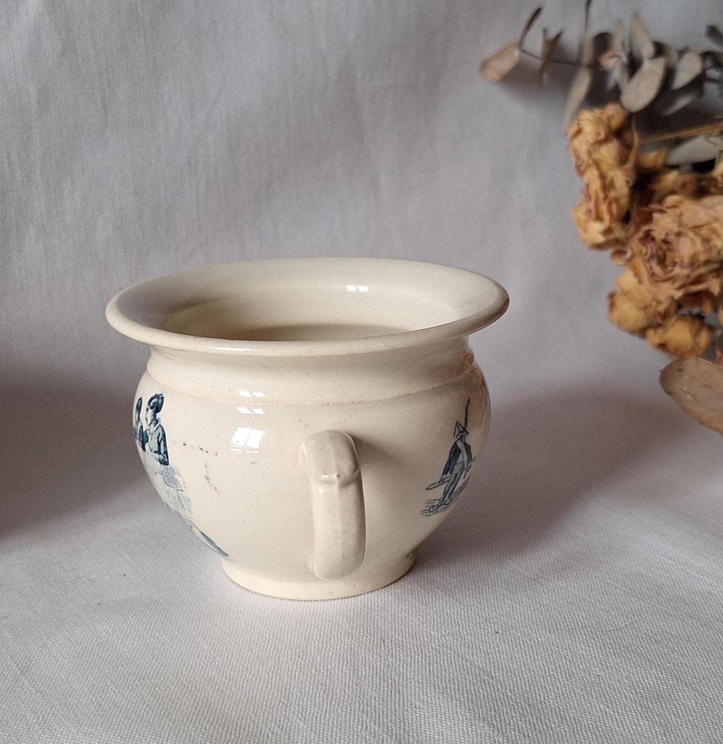 Miniature Antique doll chamber pot, Teal Transferware, French faience, Children's toy c.1890