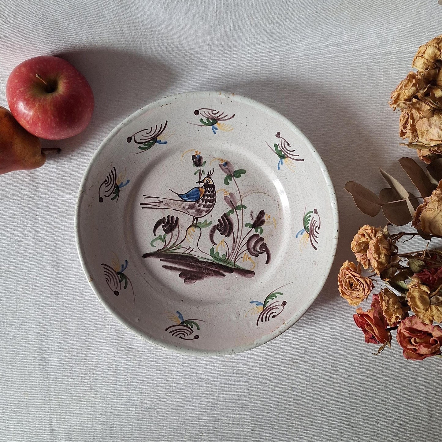 Rustic French vintage plate, brown and green folk art bird motif - wood-fired earthenware display plate