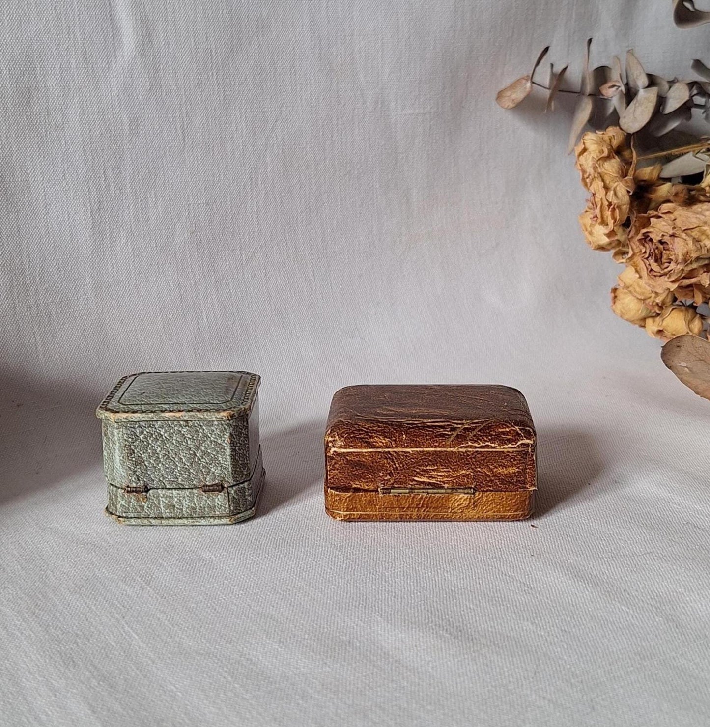 Two French vintage jewelry boxes, antique ring box / cuff-link box from Paris and Marseille
