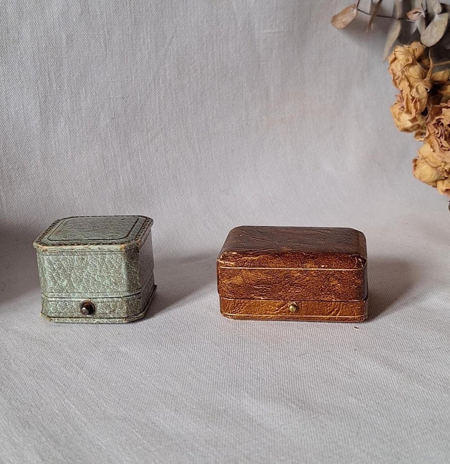 Two French vintage jewelry boxes, antique ring box / cuff-link box from Paris and Marseille