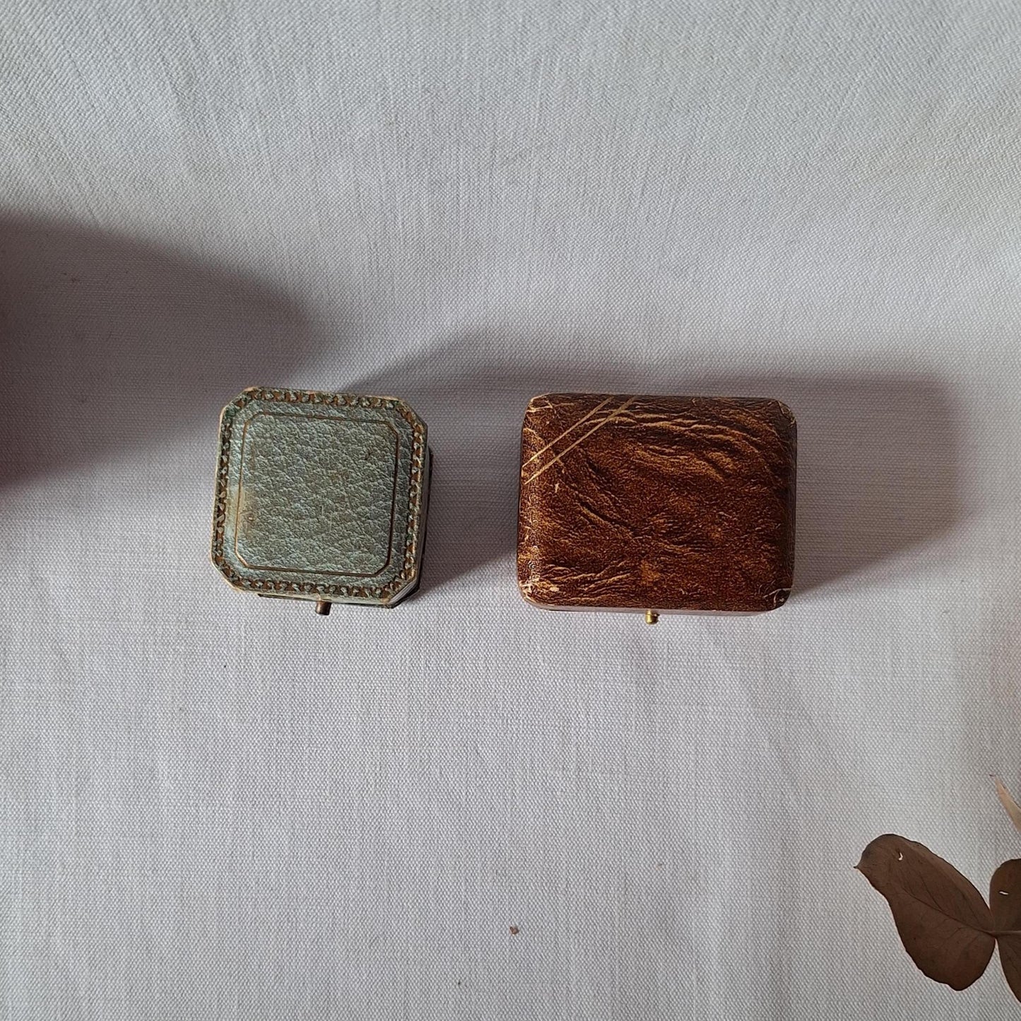 Two French vintage jewelry boxes, antique ring box / cuff-link box from Paris and Marseille