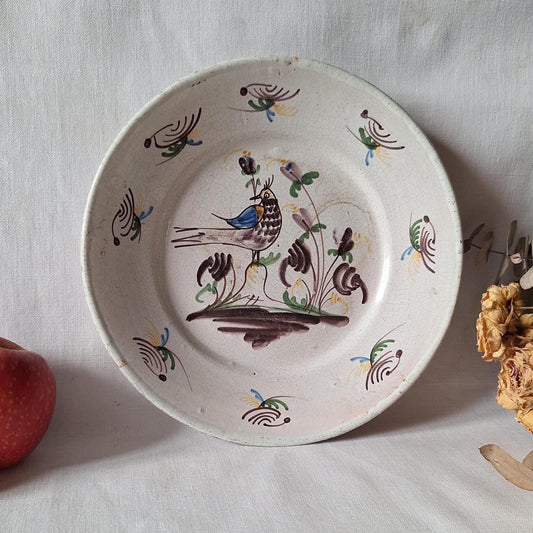 Rustic French vintage plate, brown and green folk art bird motif - wood-fired earthenware display plate