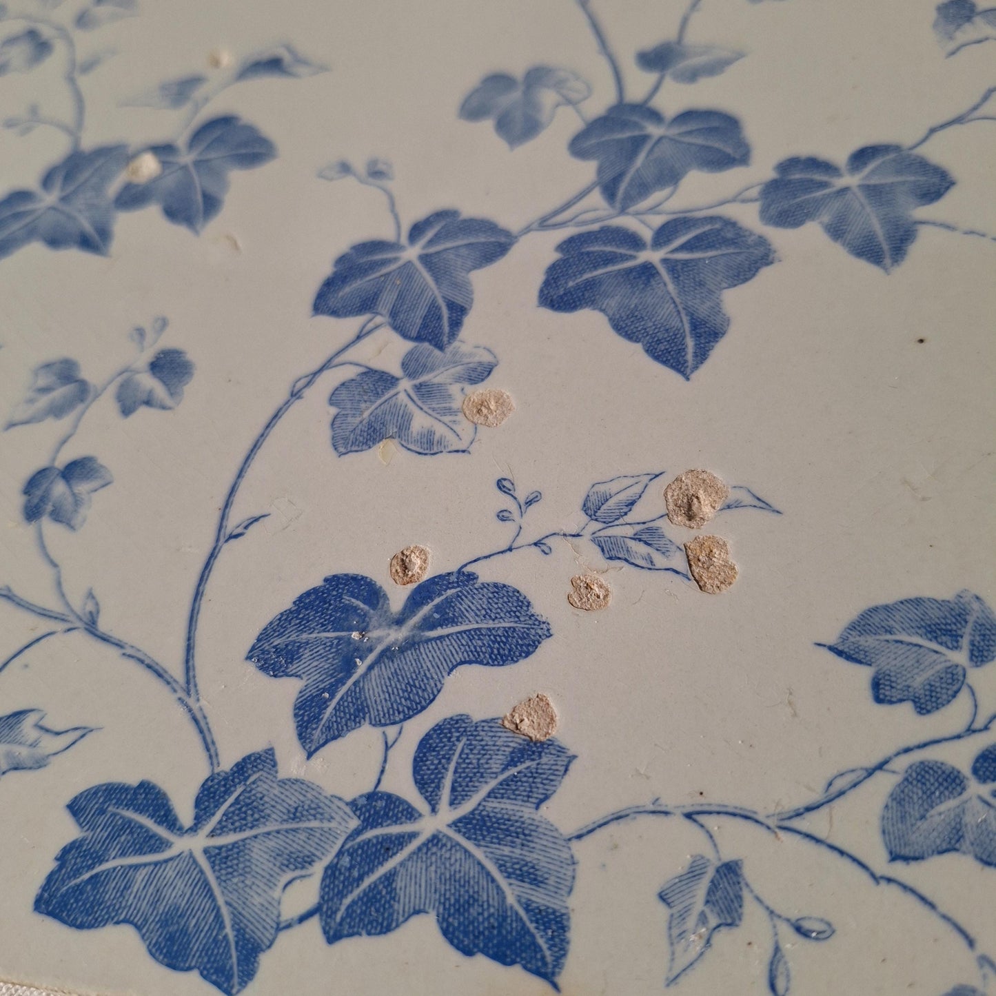 Antique French Transferware Tiles, Creil and Montereau, c.1880, blue ivy design set 6pc