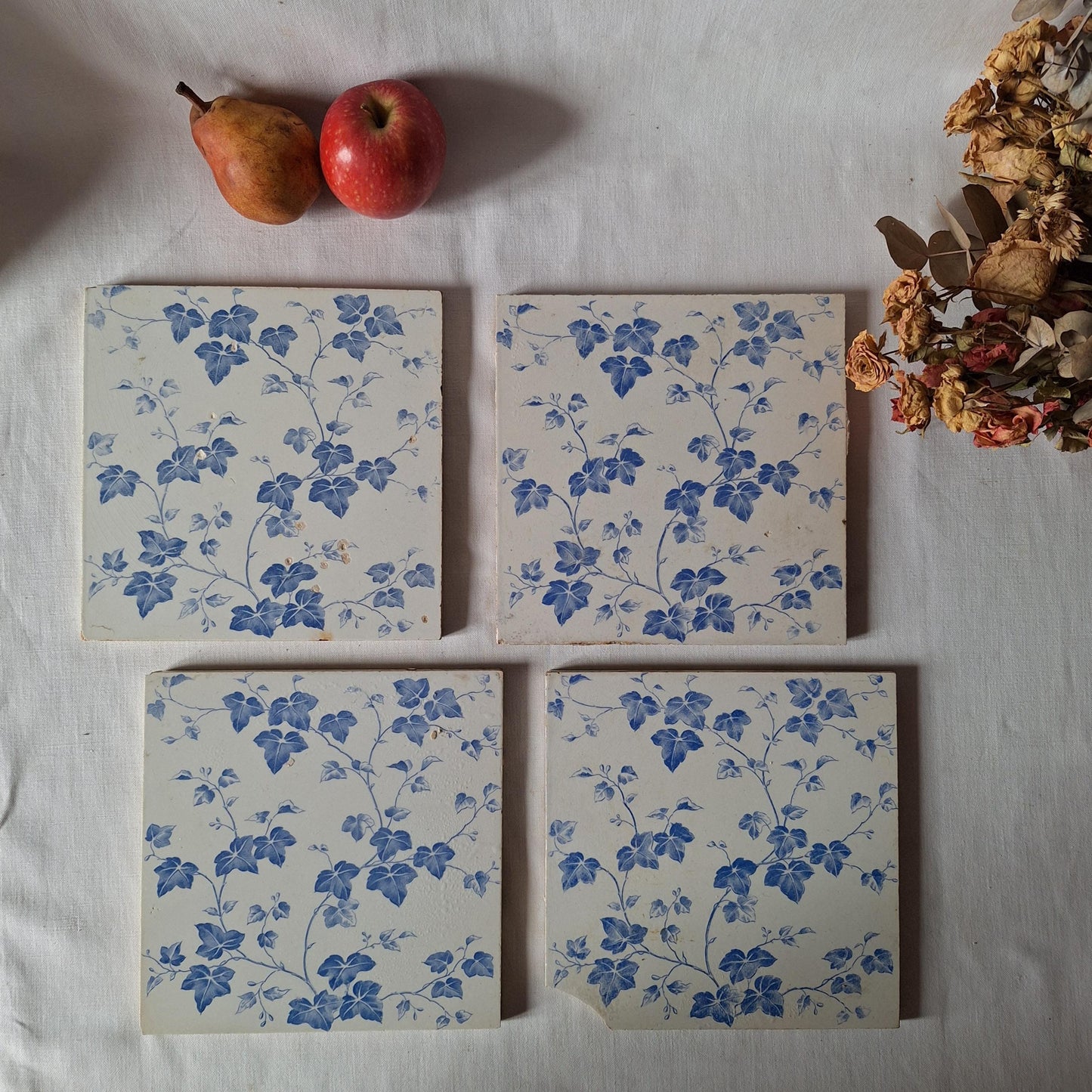 Antique French Transferware Tiles, Creil and Montereau, c.1880, blue ivy design set 6pc
