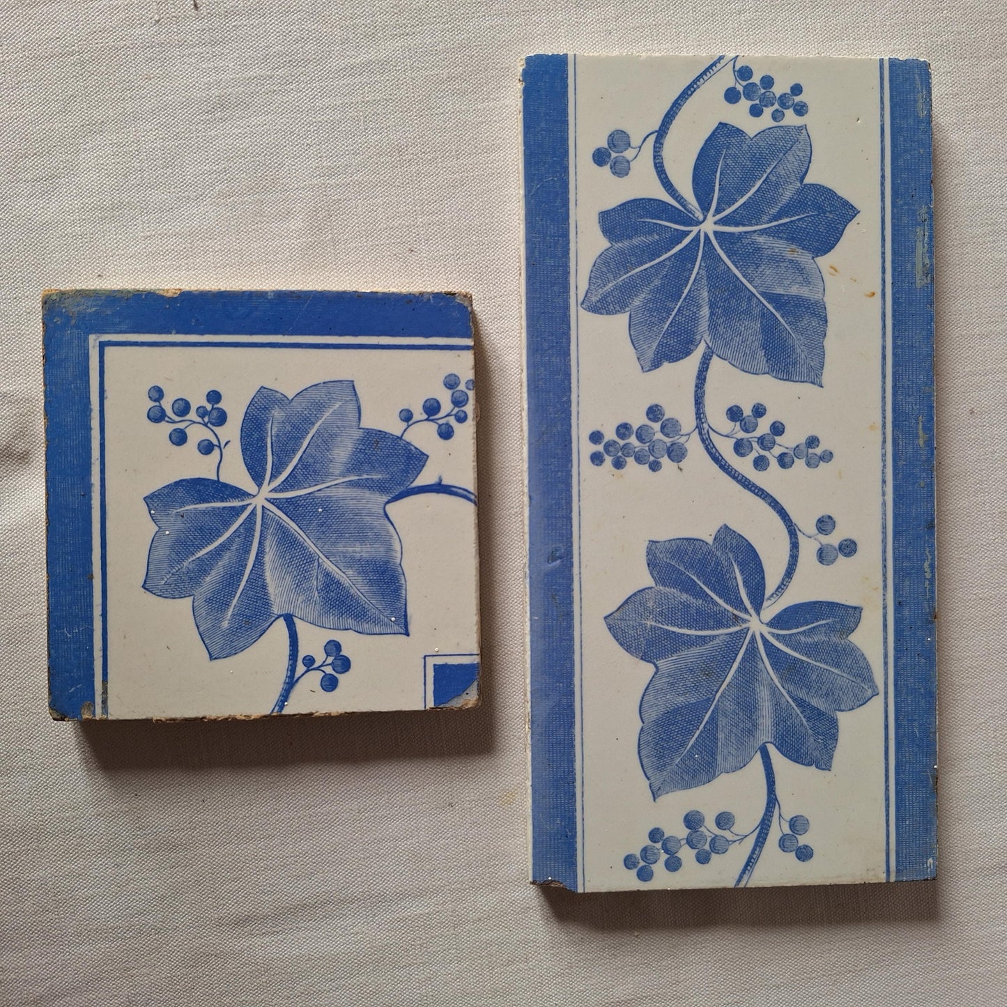 Antique French Transferware Tiles, Creil and Montereau, c.1880, blue ivy design set 6pc