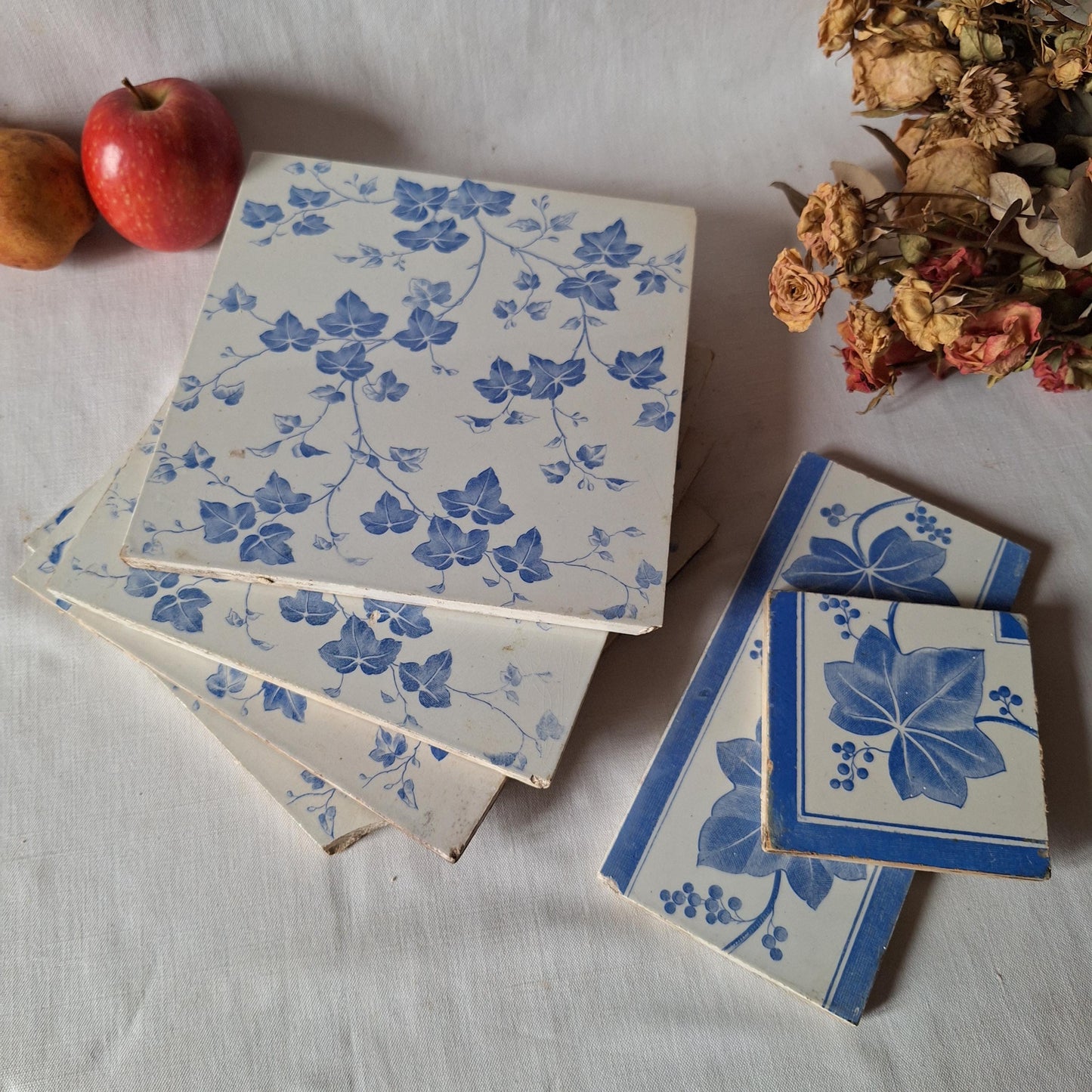 Antique French Transferware Tiles, Creil and Montereau, c.1880, blue ivy design set 6pc