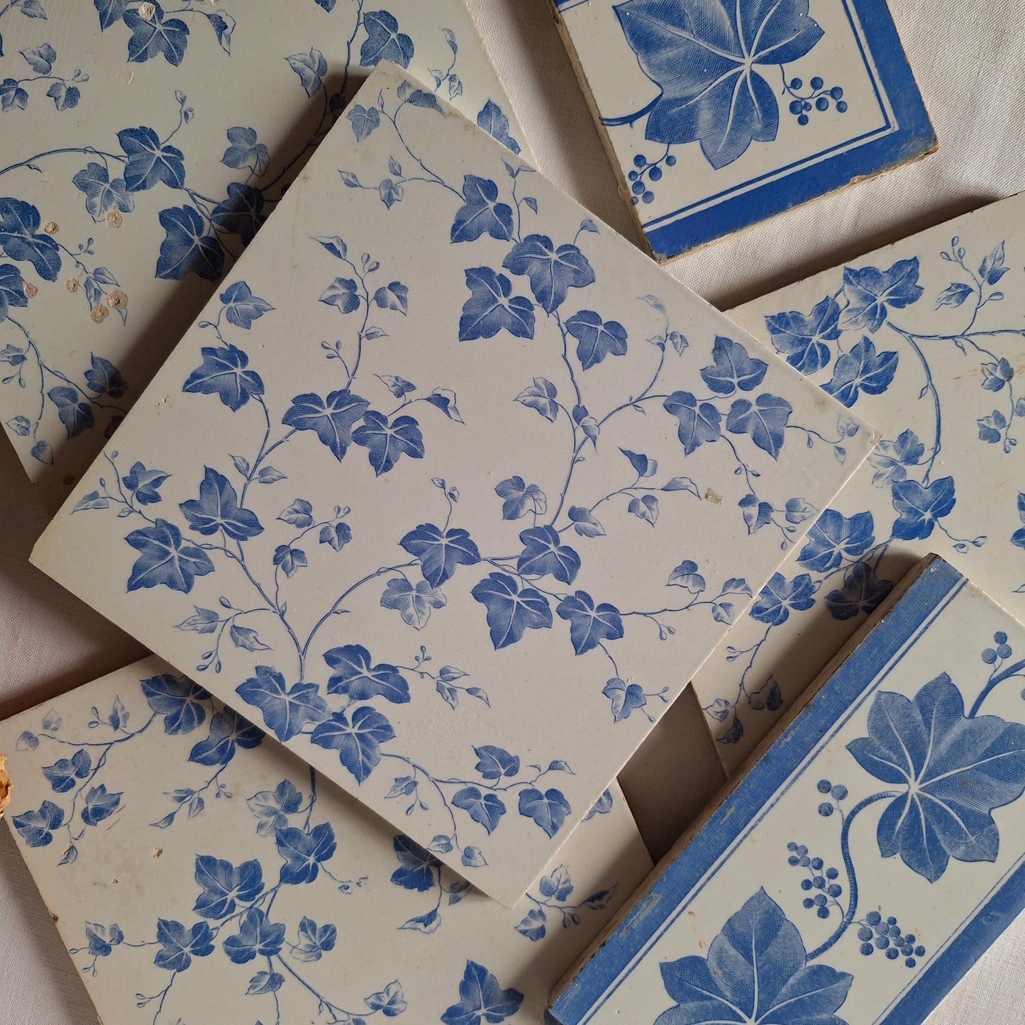 Antique French Transferware Tiles, Creil and Montereau, c.1880, blue ivy design set 6pc