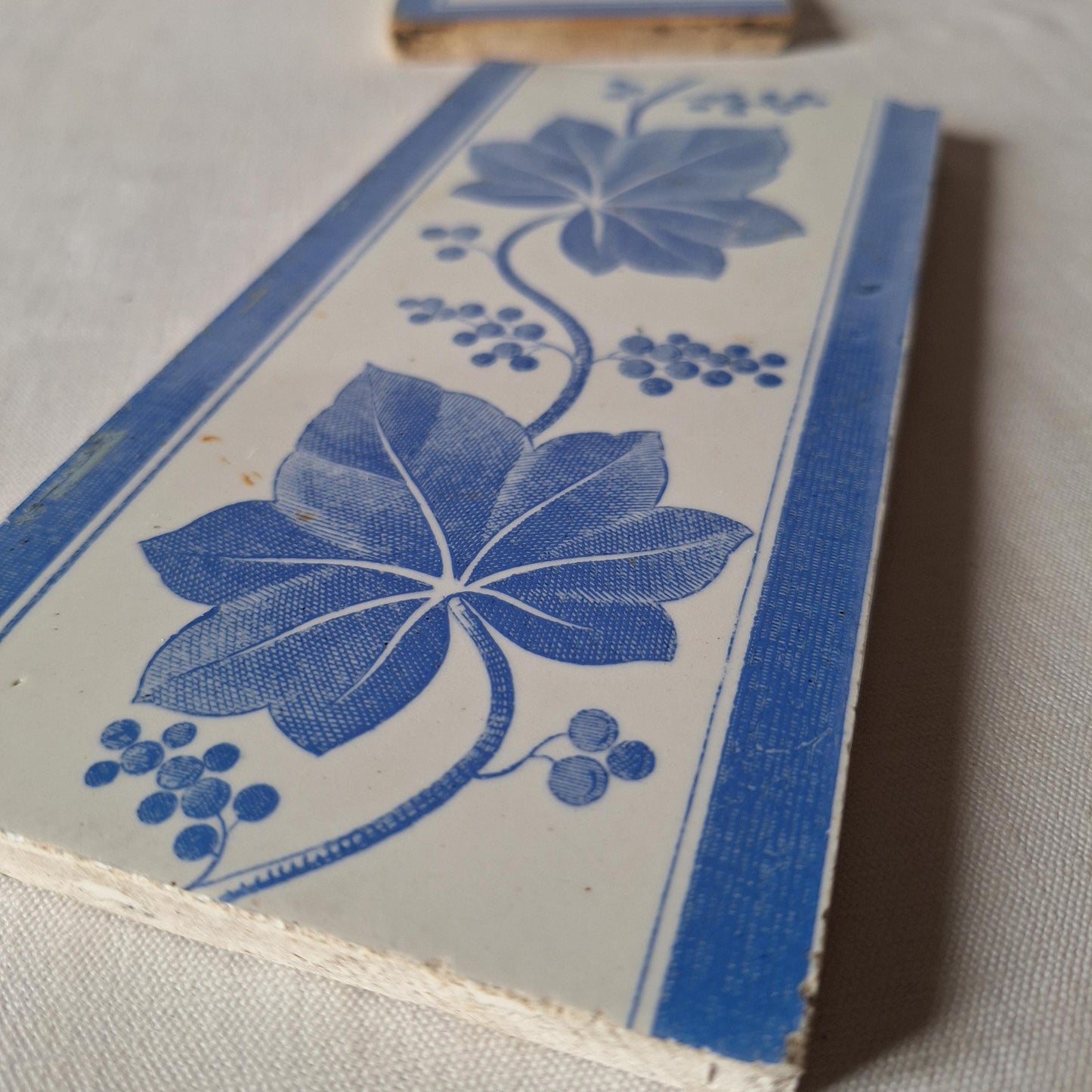 Antique French Transferware Tiles, Creil and Montereau, c.1880, blue ivy design set 6pc
