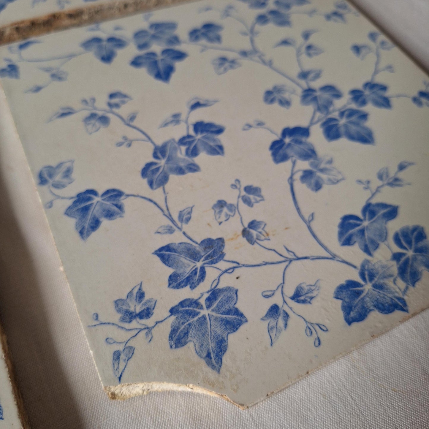 Antique French Transferware Tiles, Creil and Montereau, c.1880, blue ivy design set 6pc