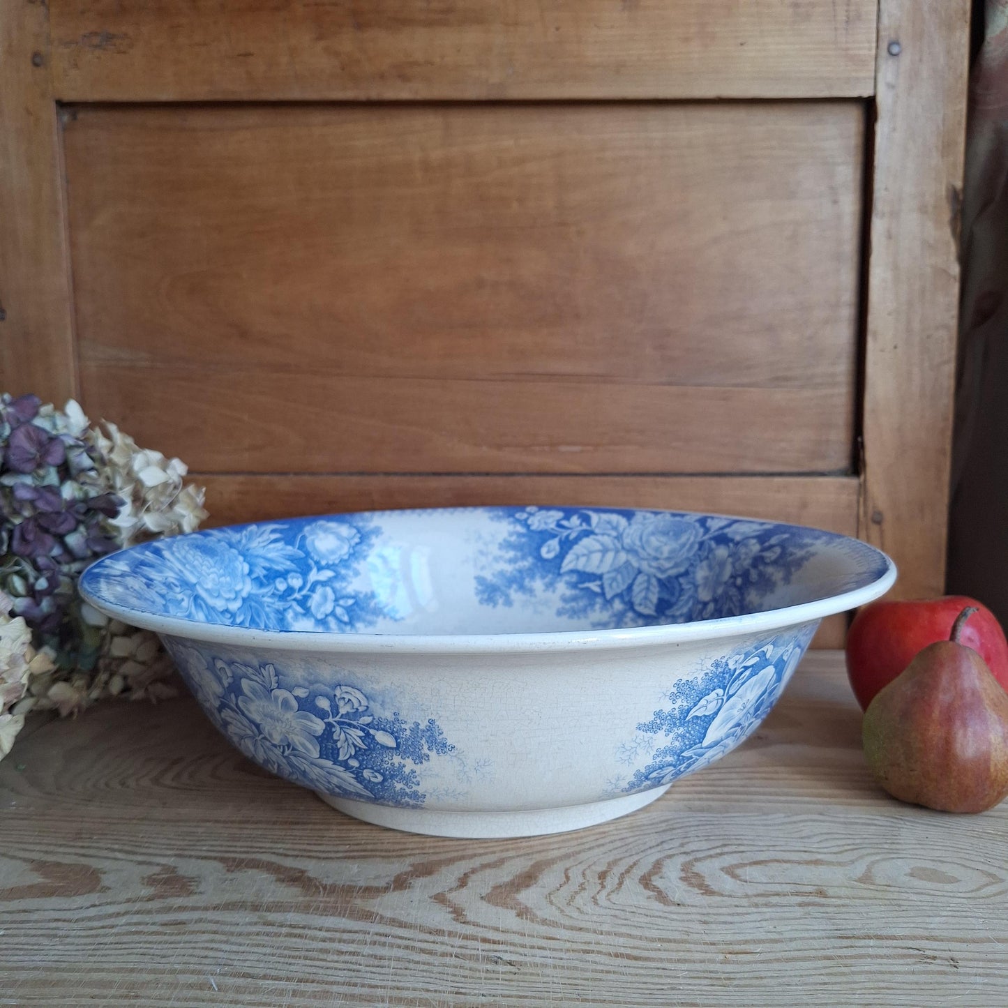 French antique blue Victorian transferware pitcher / water jug and basin in blue and white 'Jardiniere' by U&C Sarreguemines, France c1890