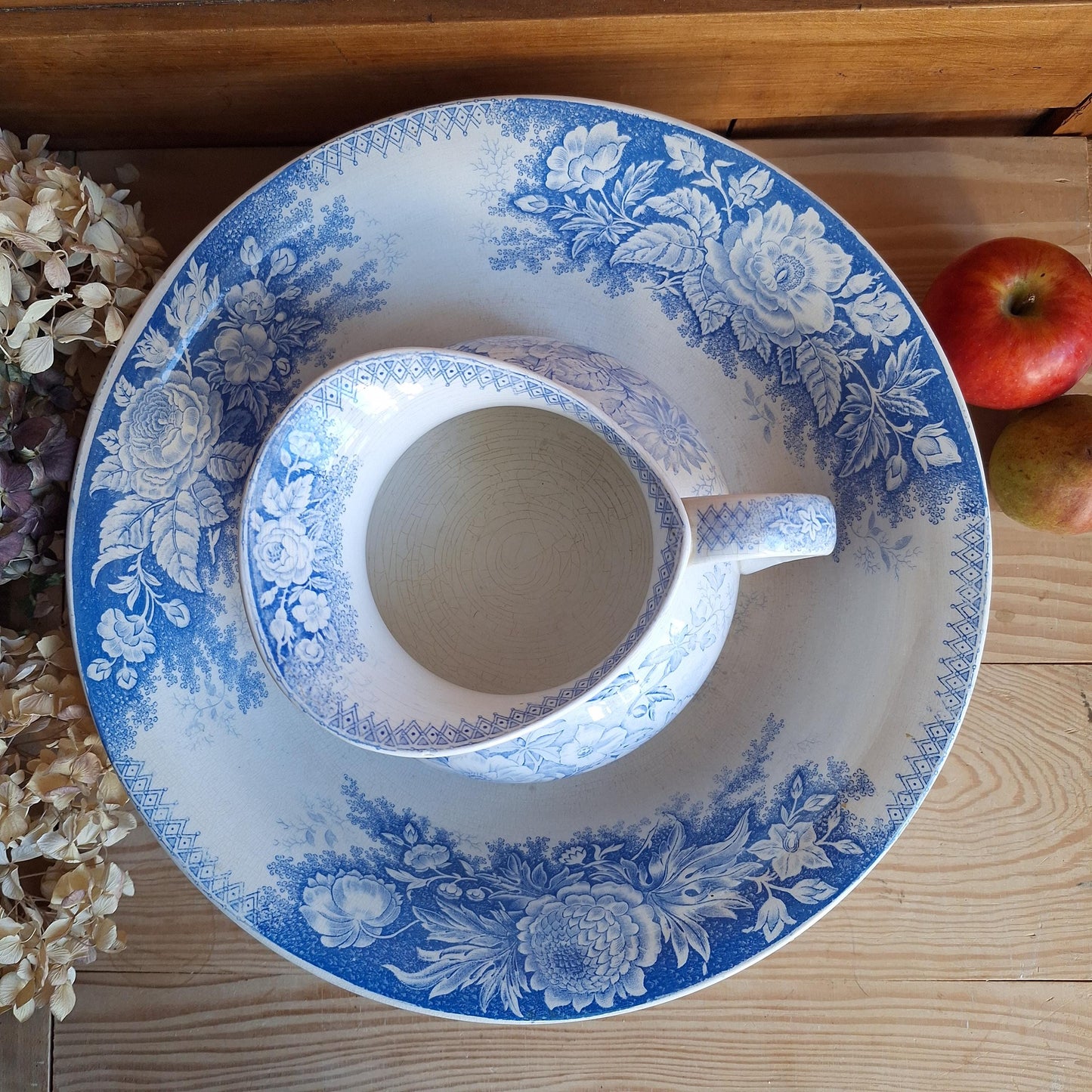 French antique blue Victorian transferware pitcher / water jug and basin in blue and white 'Jardiniere' by U&C Sarreguemines, France c1890