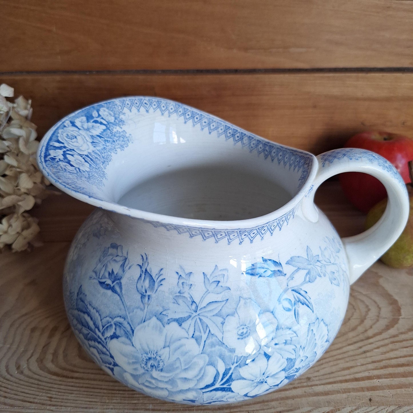 French antique blue Victorian transferware pitcher / water jug and basin in blue and white 'Jardiniere' by U&C Sarreguemines, France c1890