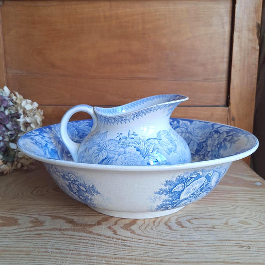 French antique blue Victorian transferware pitcher / water jug and basin in blue and white 'Jardiniere' by U&C Sarreguemines, France c1890