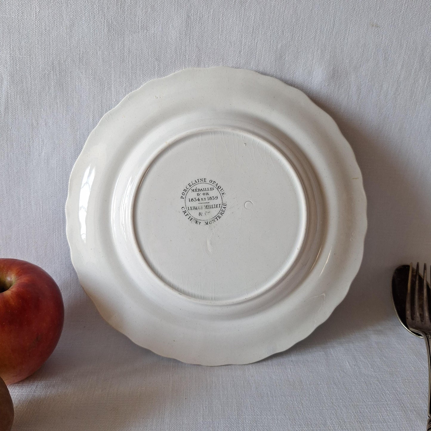Vintage black & white marriage theme antique French 'talking plate' c1840-60 ironstone transferware, Creil et Montereau, France.