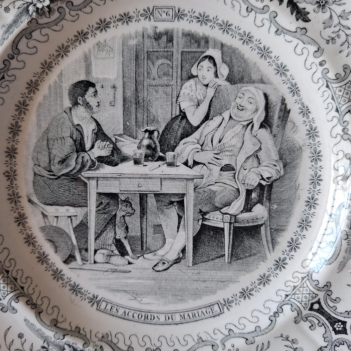Vintage black & white marriage theme antique French 'talking plate' c1840-60 ironstone transferware, Creil et Montereau, France.