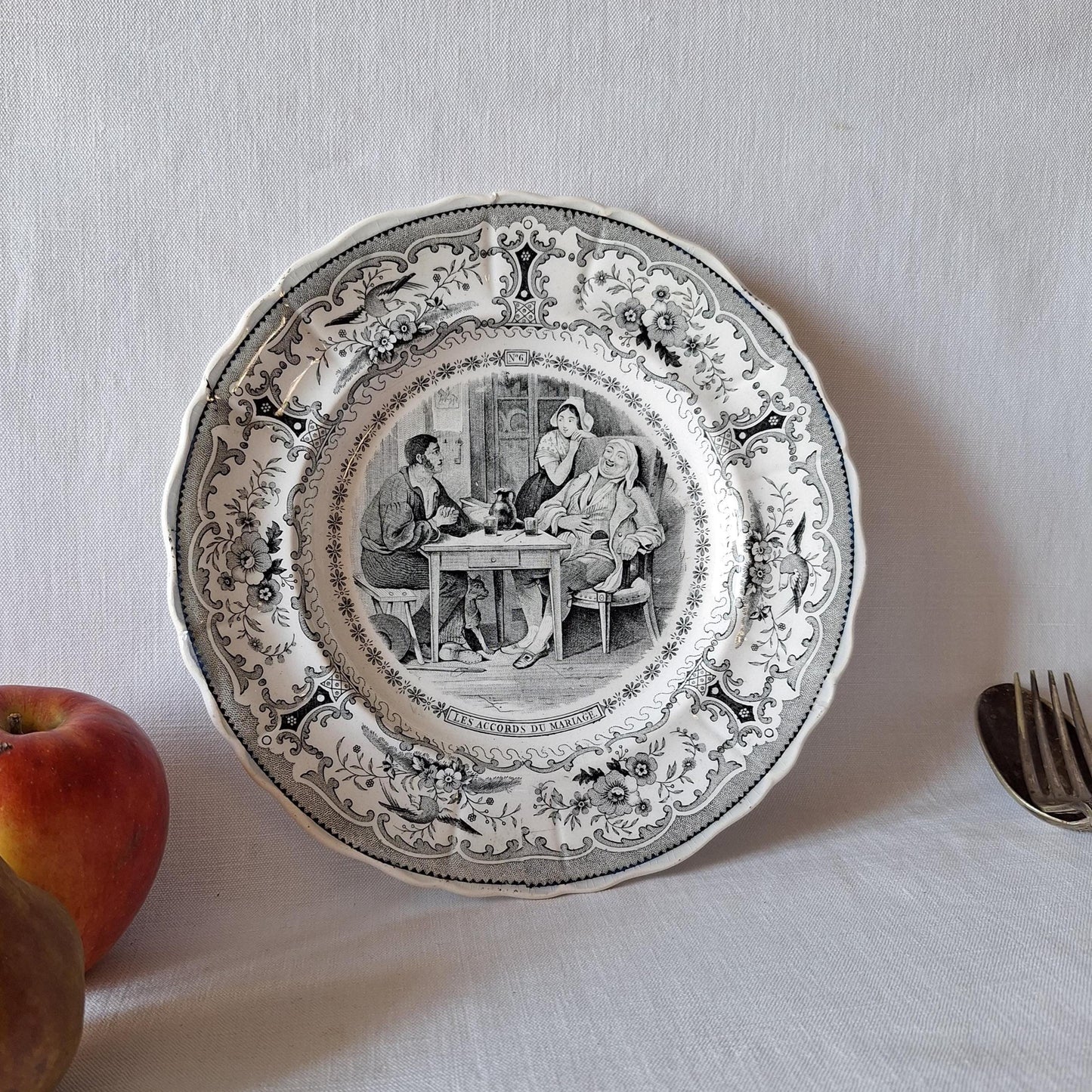 Vintage black & white marriage theme antique French 'talking plate' c1840-60 ironstone transferware, Creil et Montereau, France.