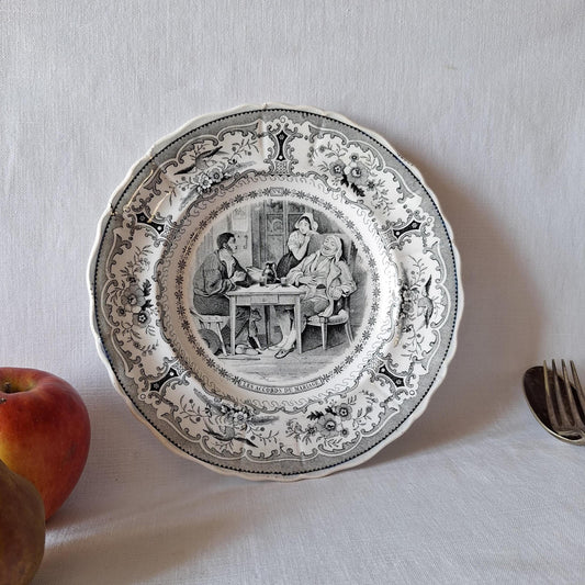 Vintage black & white marriage theme antique French 'talking plate' c1840-60 ironstone transferware, Creil et Montereau, France.