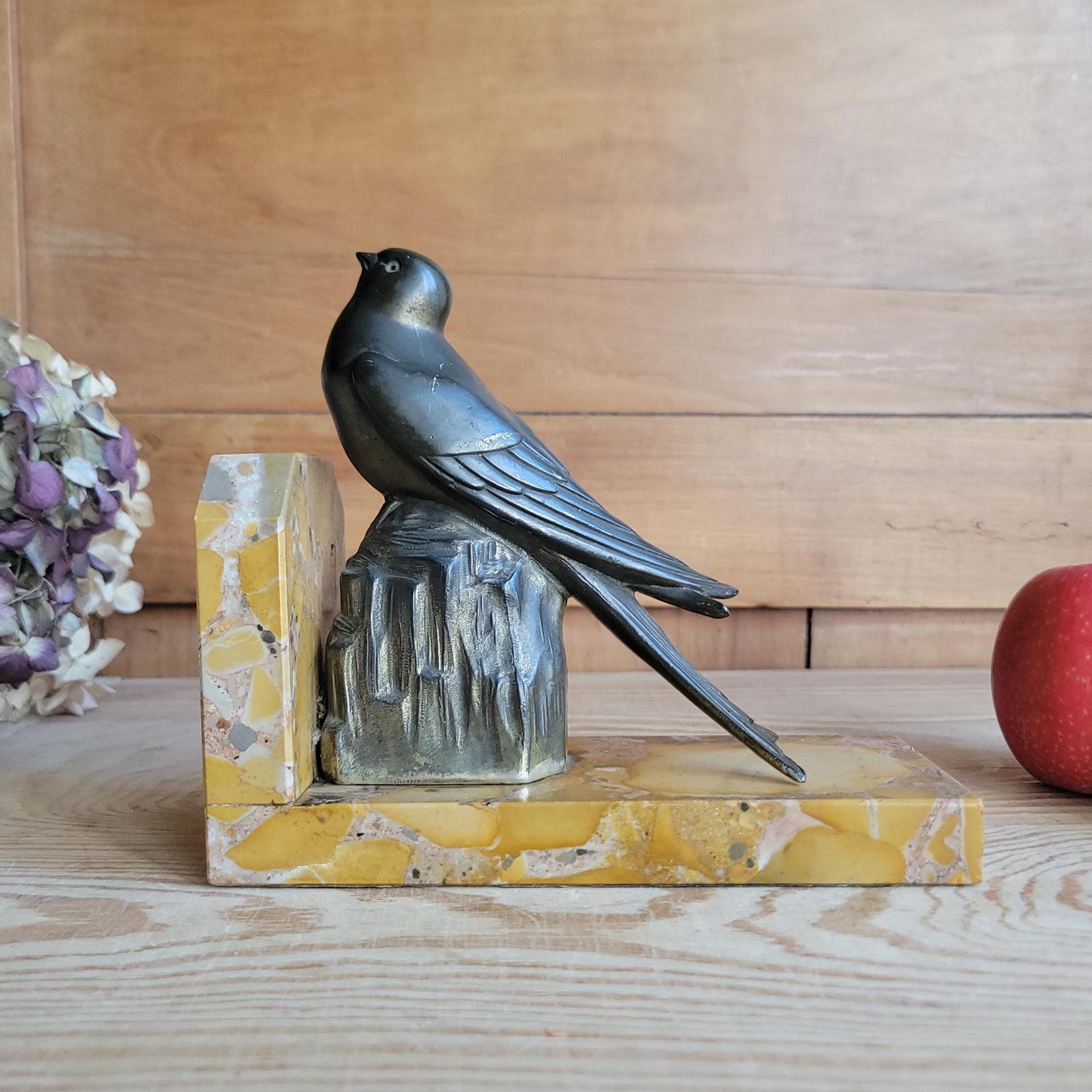 Swallow bird vintage bookend French Art Deco c 1920, bronze on marble base