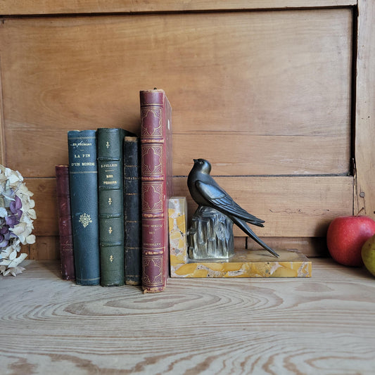 Swallow bird vintage bookend French Art Deco c 1920, bronze on marble base