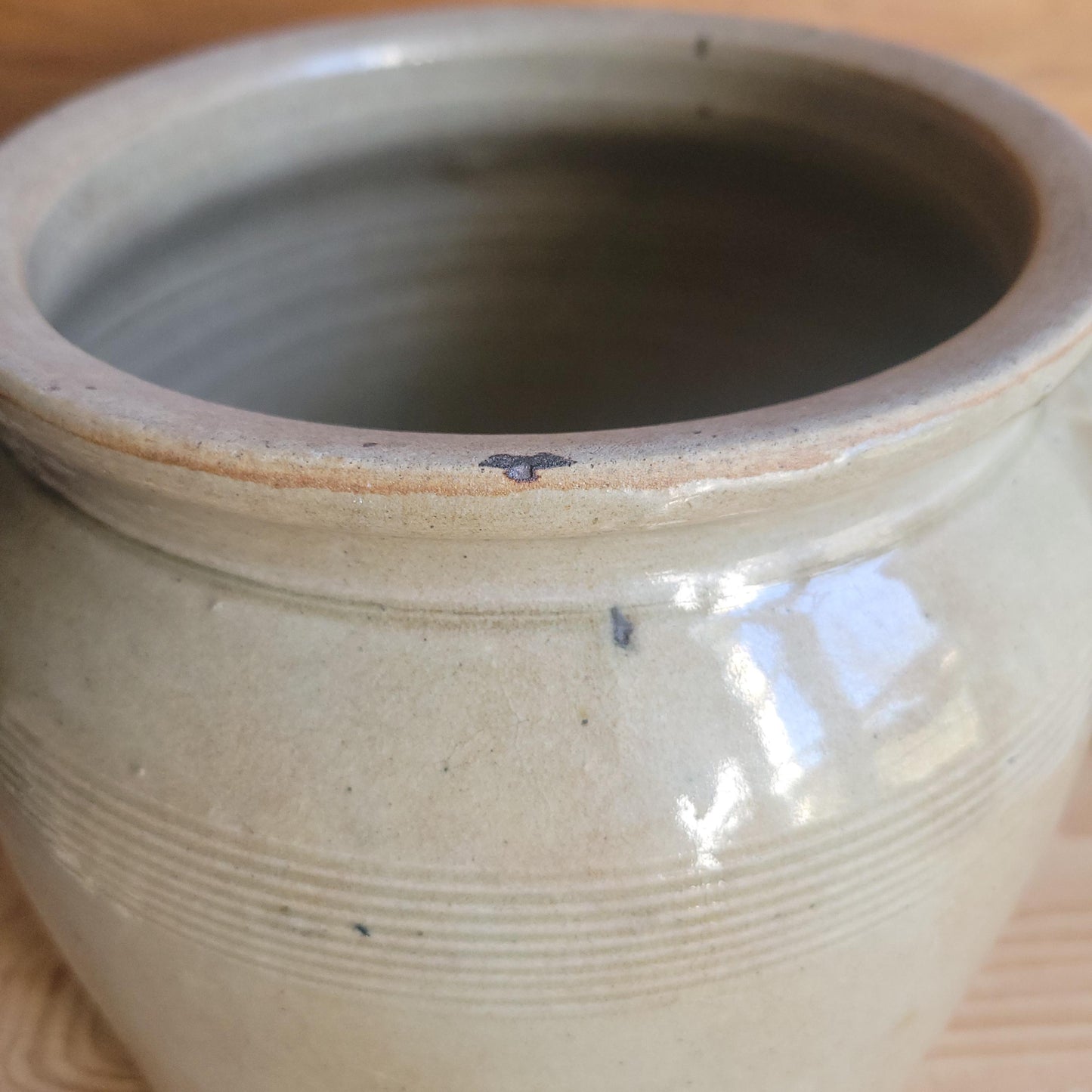 Antique French Confit Pot - Glazed 2-handled vintage stoneware, greige, early 1900s