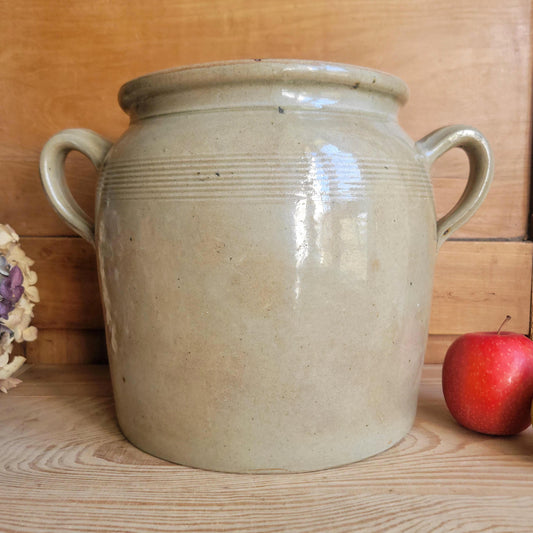 Antique French Confit Pot - Glazed 2-handled vintage stoneware, greige, early 1900s