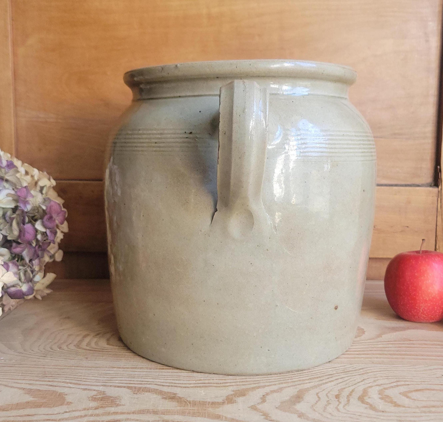 Antique French Confit Pot - Glazed 2-handled vintage stoneware, greige, early 1900s