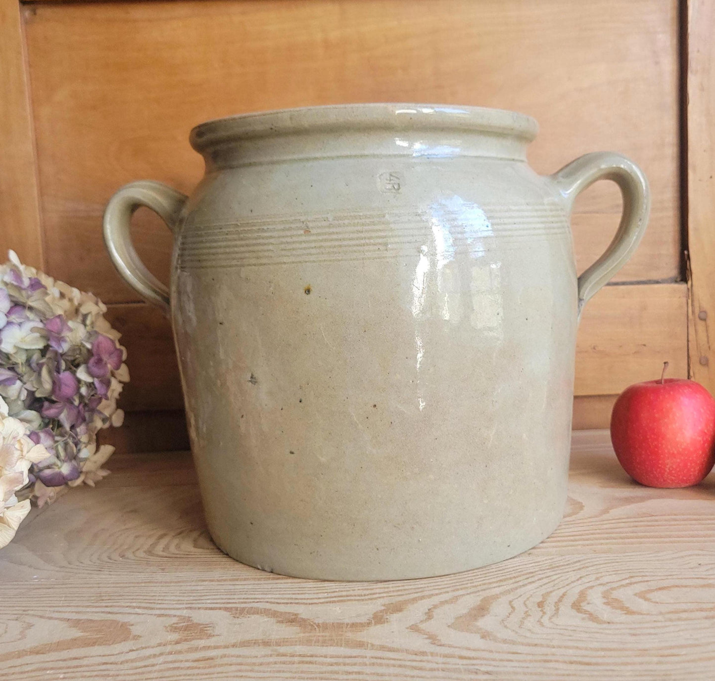 Antique French Confit Pot - Glazed 2-handled vintage stoneware, greige, early 1900s
