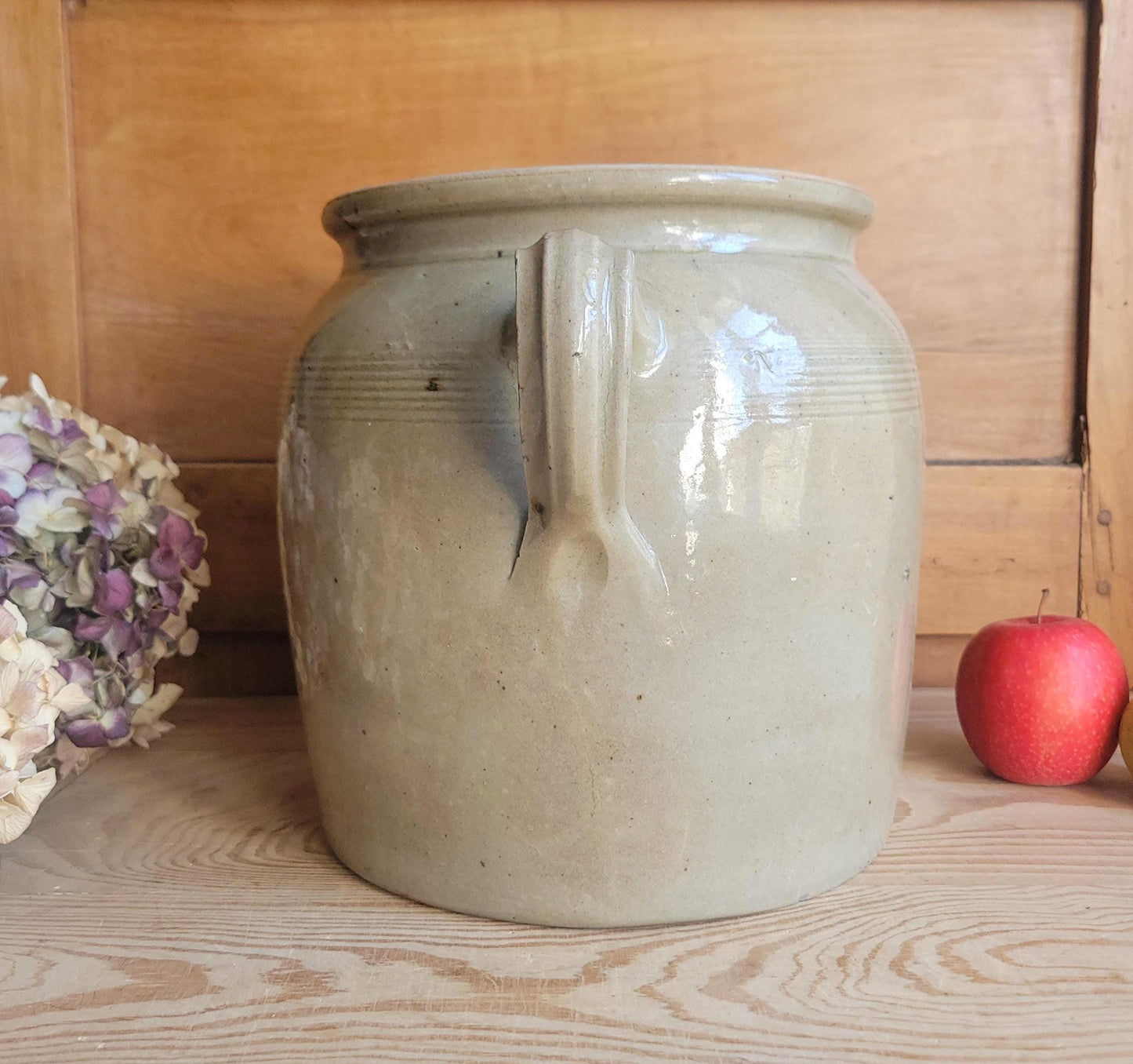 Antique French Confit Pot - Glazed 2-handled vintage stoneware, greige, early 1900s