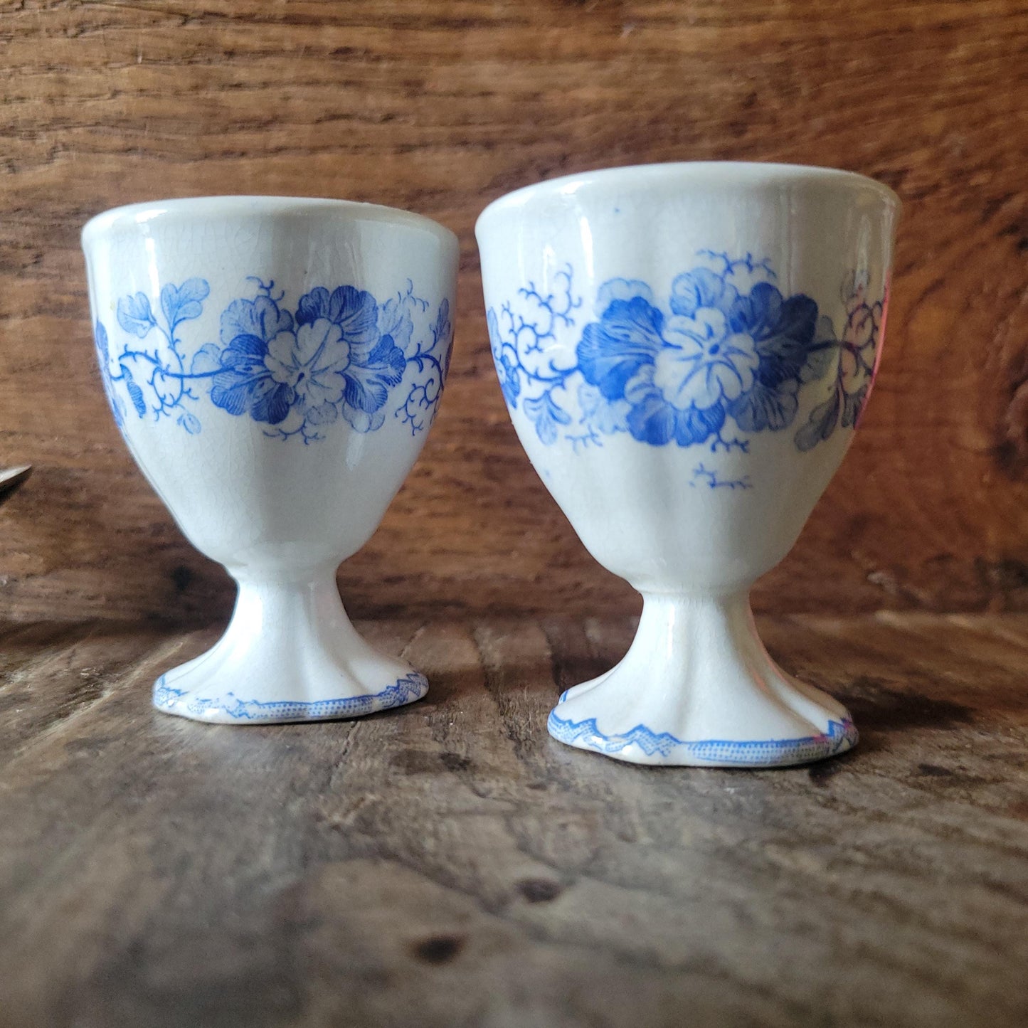 PAIR Sarreguemines 'Geranium' Vintage Egg Cups: Blue Transferware, c 1880 (Set of 2)