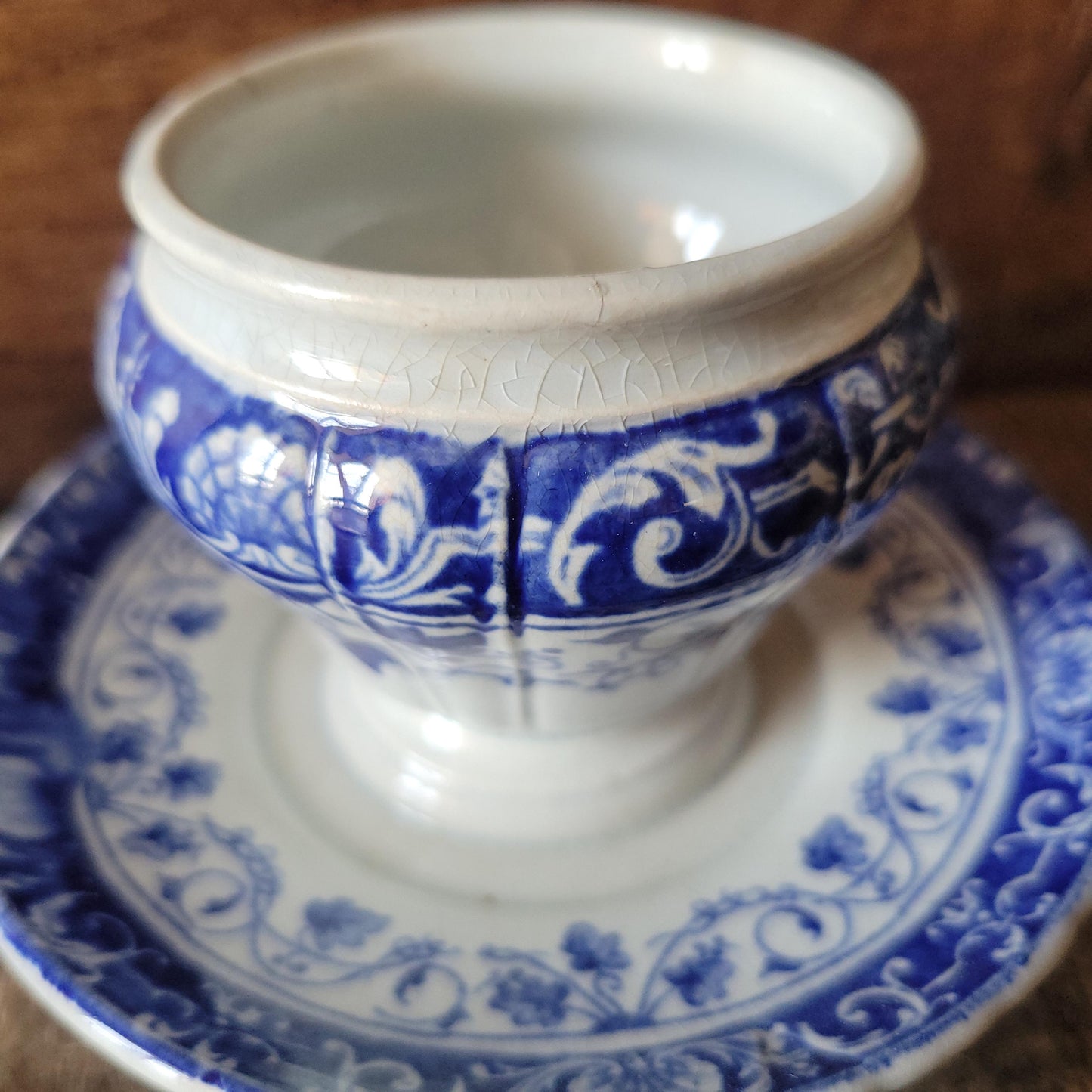 French antique cobalt blue transferware moutardier - Jules Vieillard & Co. Bordeaux, mid 19th C, France