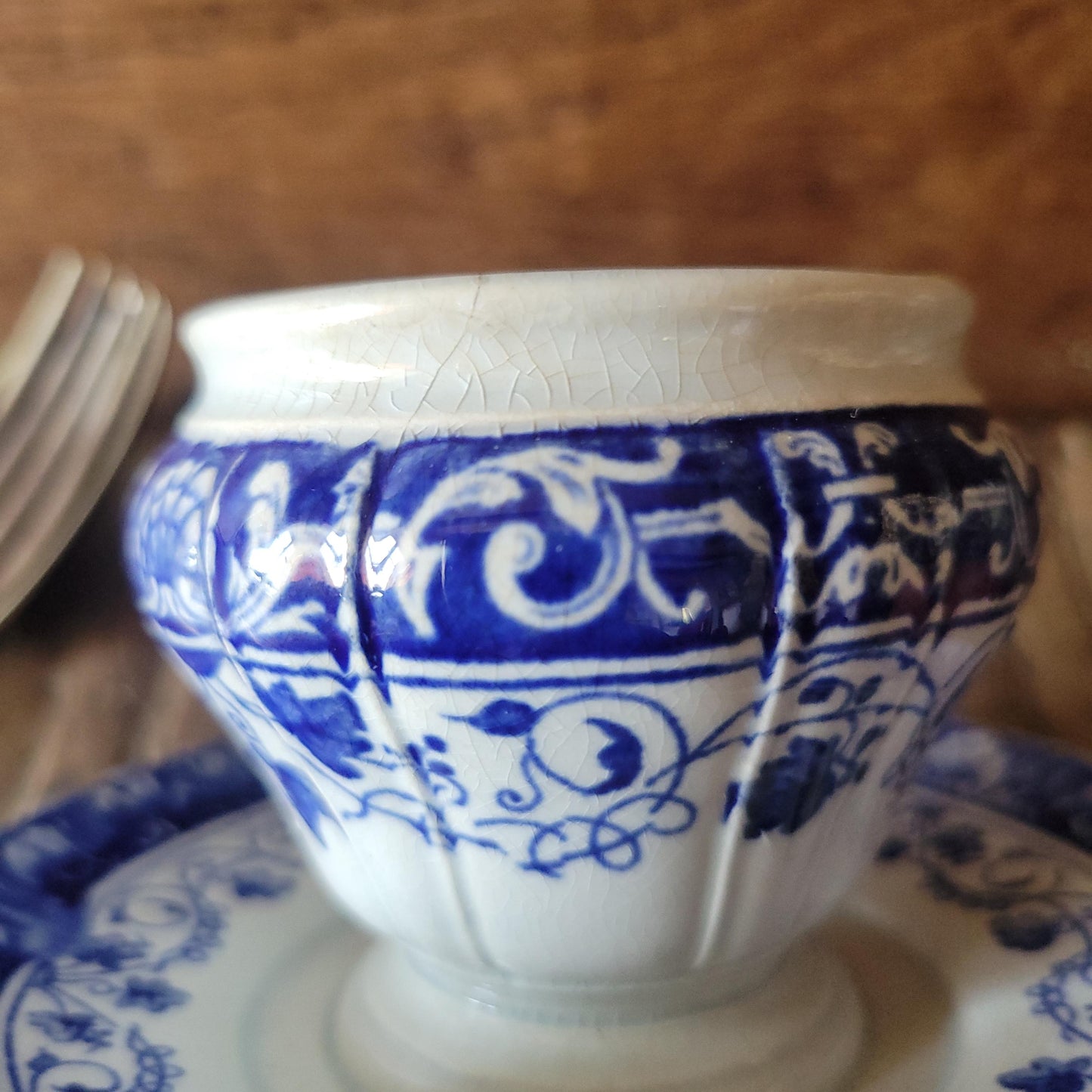French antique cobalt blue transferware moutardier - Jules Vieillard & Co. Bordeaux, mid 19th C, France