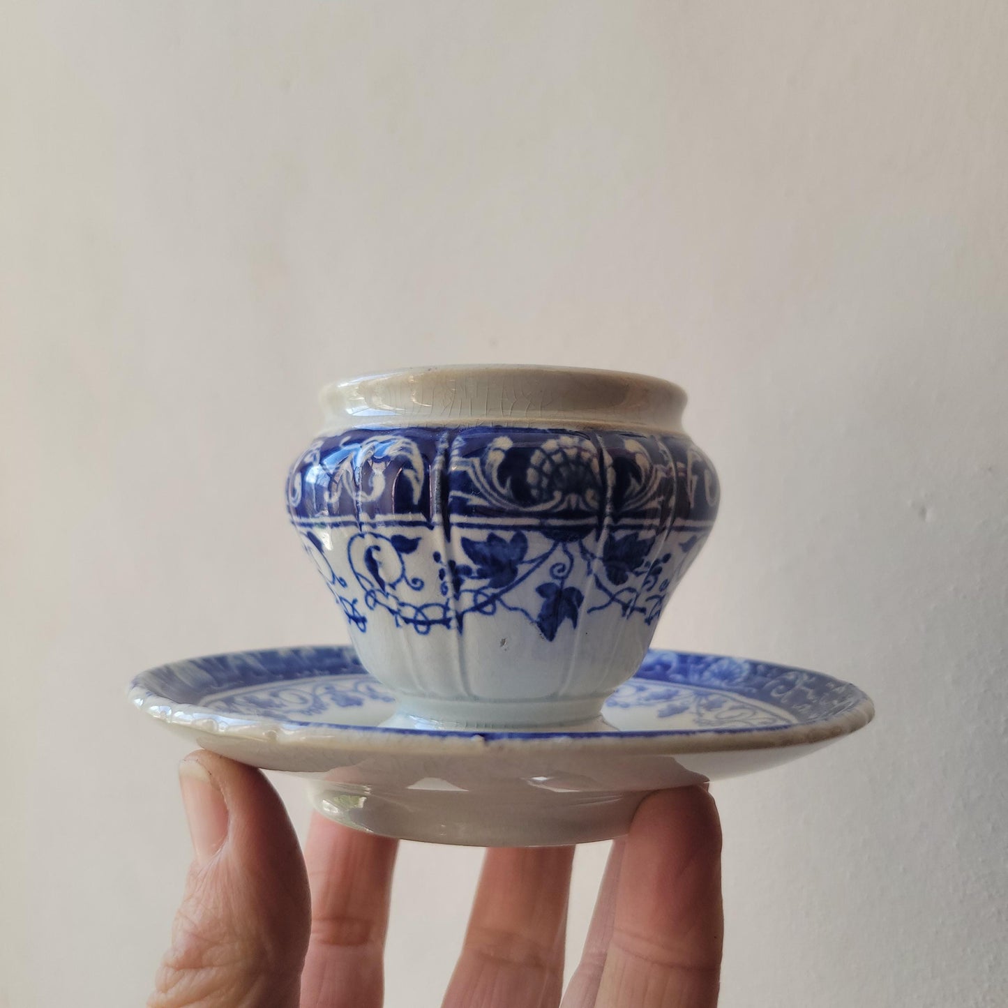 French antique cobalt blue transferware moutardier - Jules Vieillard & Co. Bordeaux, mid 19th C, France