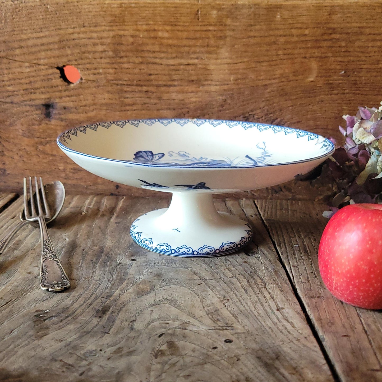 Antique French Clairefontaine Compotier - Cake Stand, Shabby Blue Transferware, Ironstone c1886