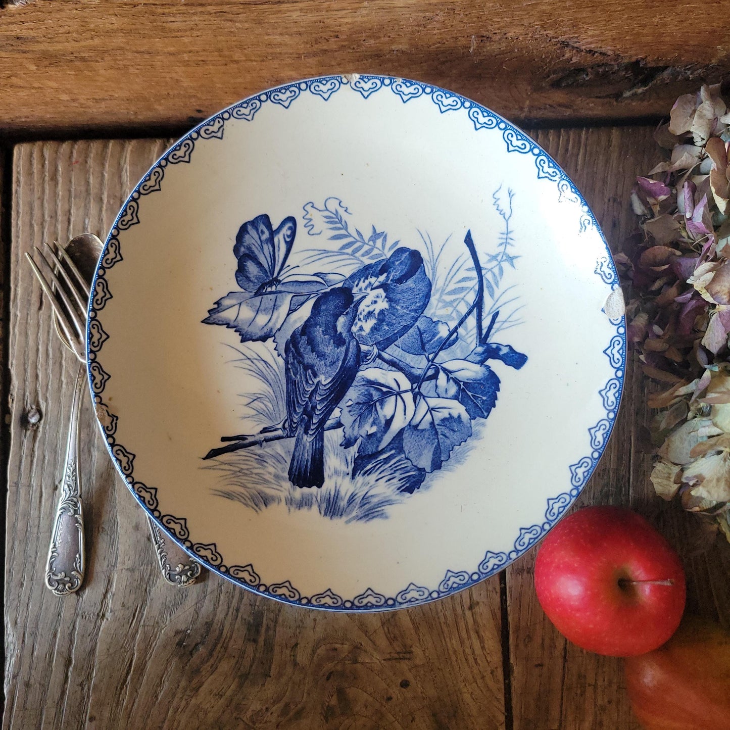 Antique French Clairefontaine Compotier - Cake Stand, Shabby Blue Transferware, Ironstone c1886
