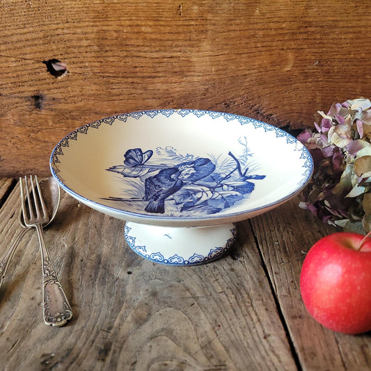 Antique French Clairefontaine Compotier - Cake Stand, Shabby Blue Transferware, Ironstone c1886