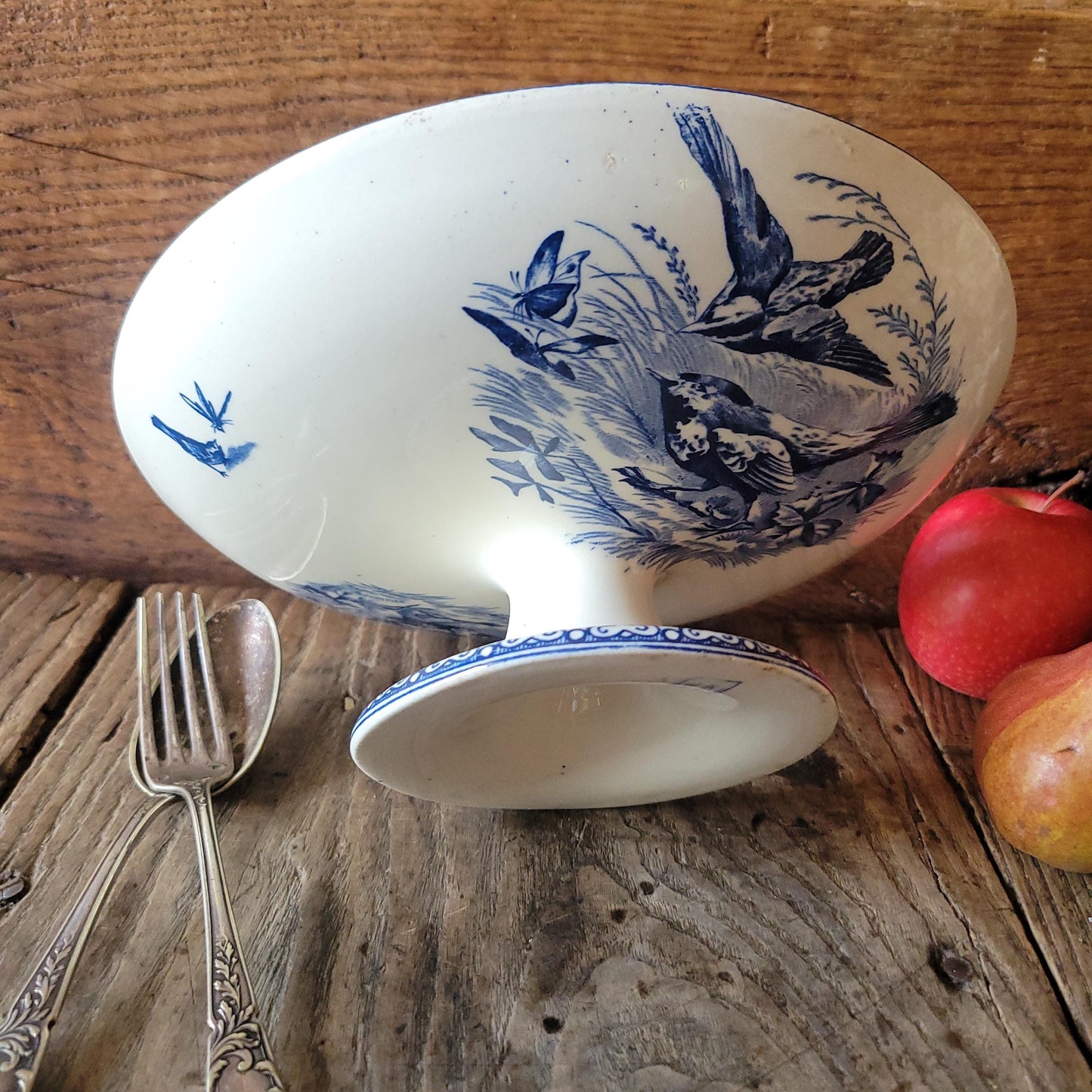 Antique French Clairefontaine Compotier - Cake Stand, Shabby Blue Transferware, Ironstone c1886