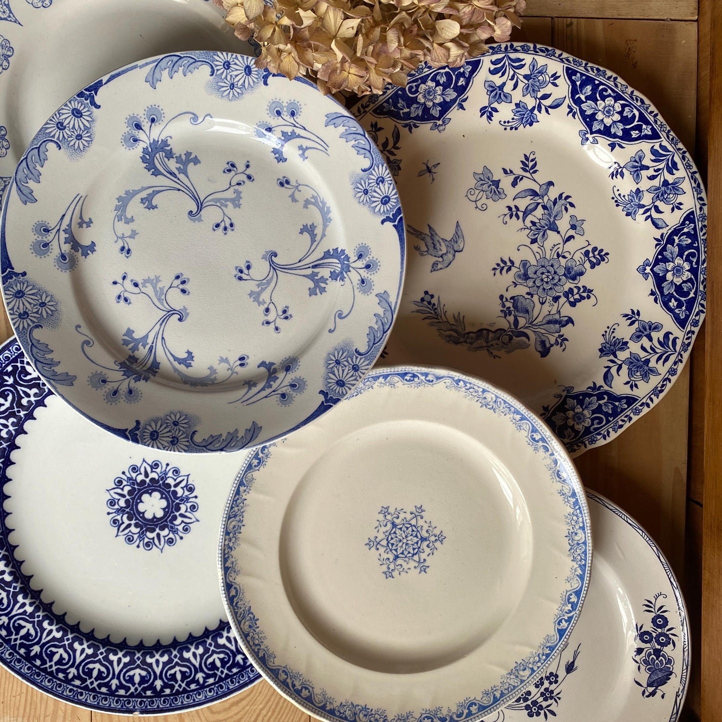 Mismatched Blue & White Antique Dinner Plates - French Farmhouse Decor, Set of 6
