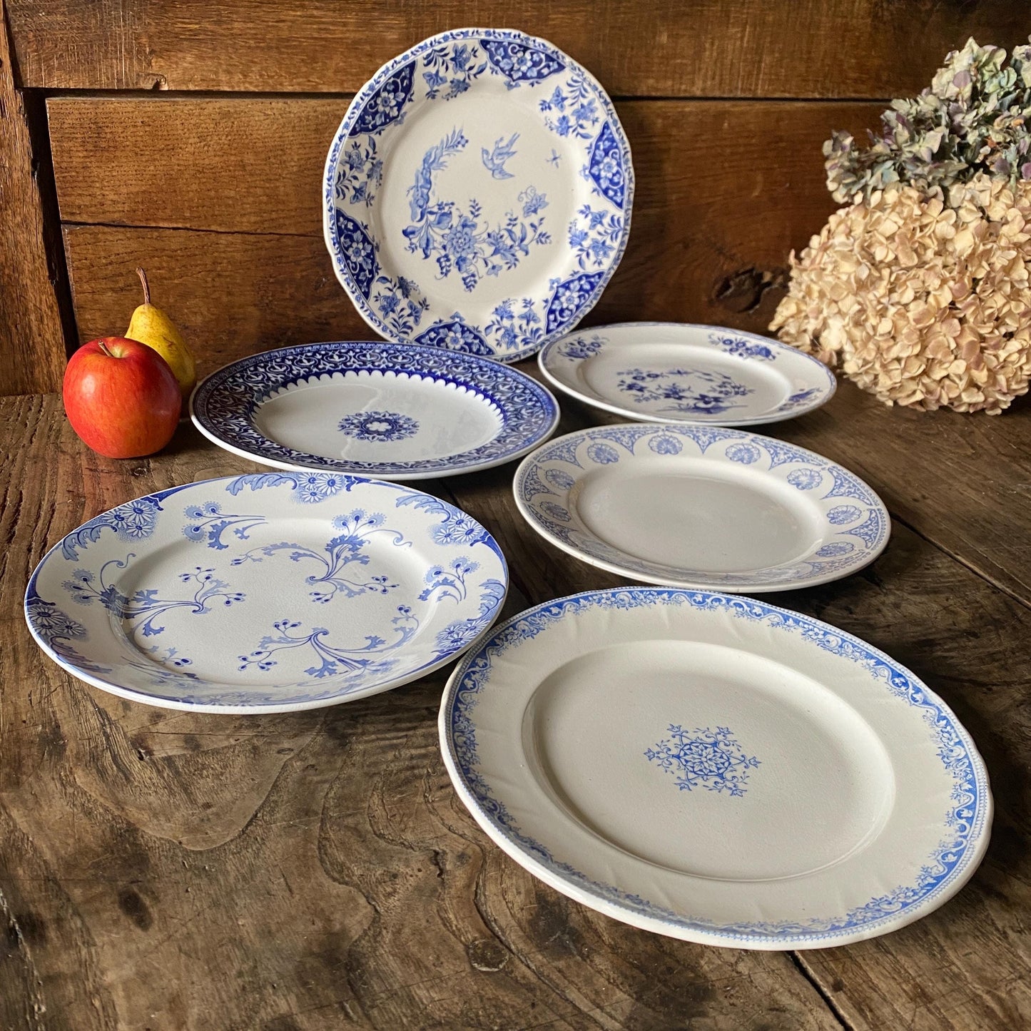 Mismatched Blue & White Antique Dinner Plates - French Farmhouse Decor, Set of 6