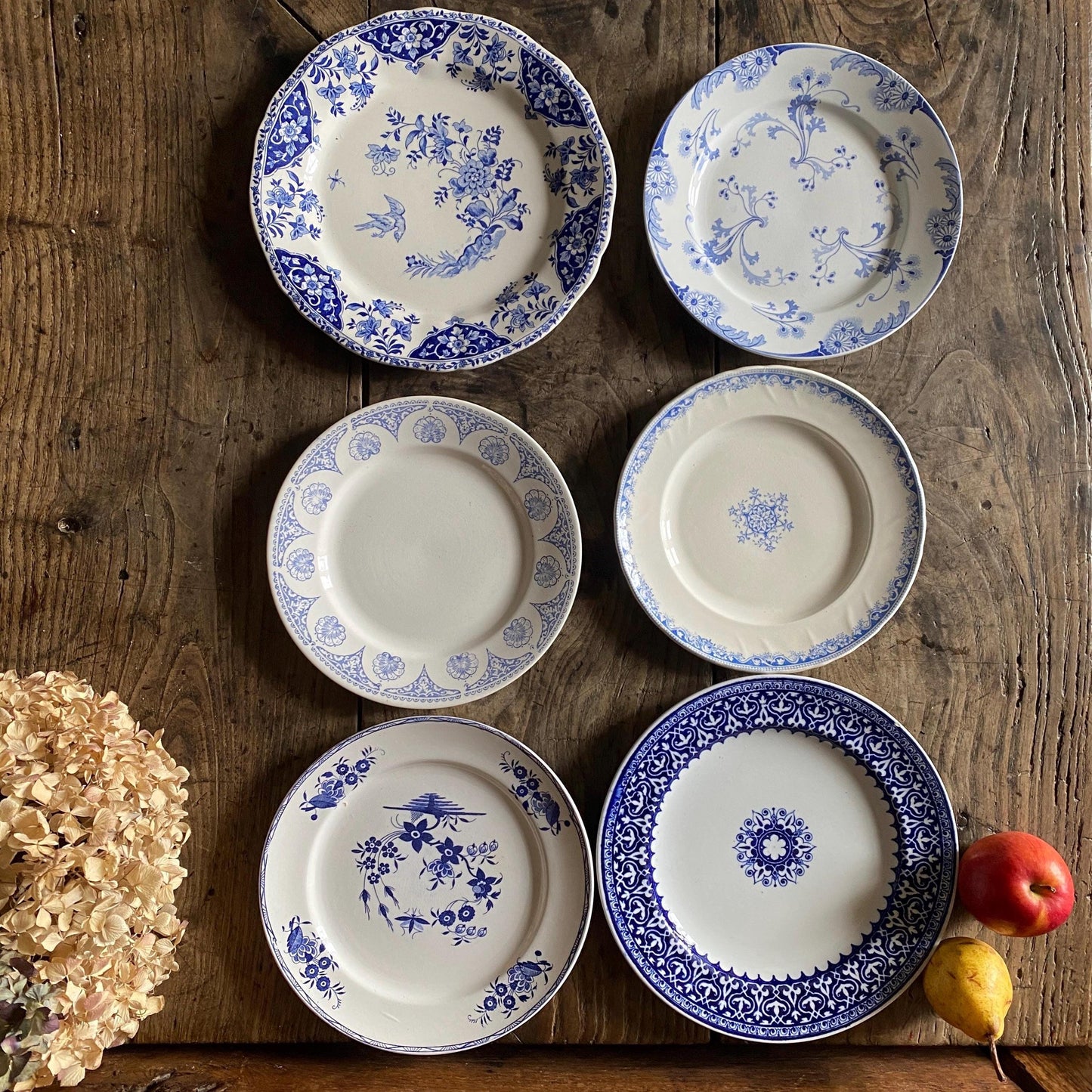 Mismatched Blue & White Antique Dinner Plates - French Farmhouse Decor, Set of 6