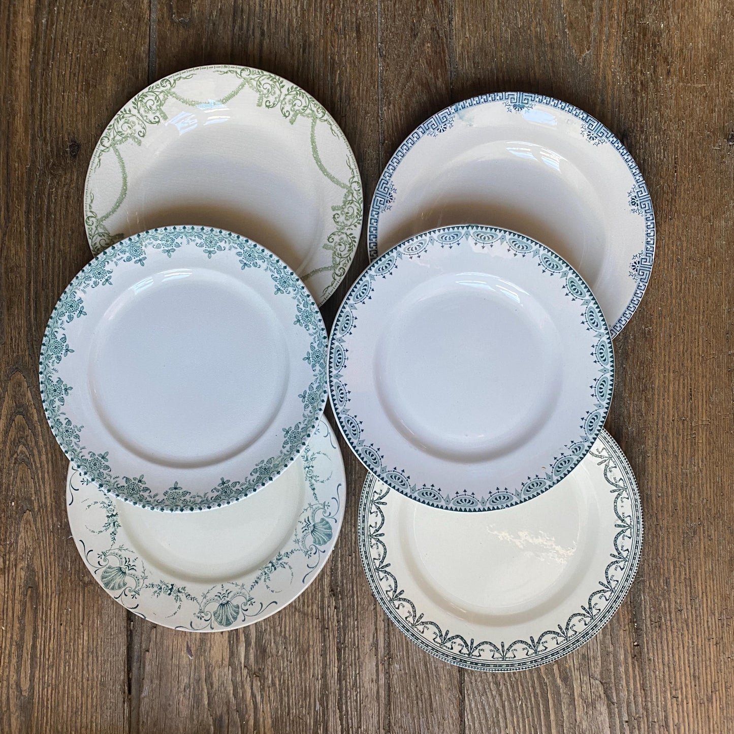 SET 6 mismatched antique ironstone dinner plates, green transferware cottage style, Aesthetic movement French c1890