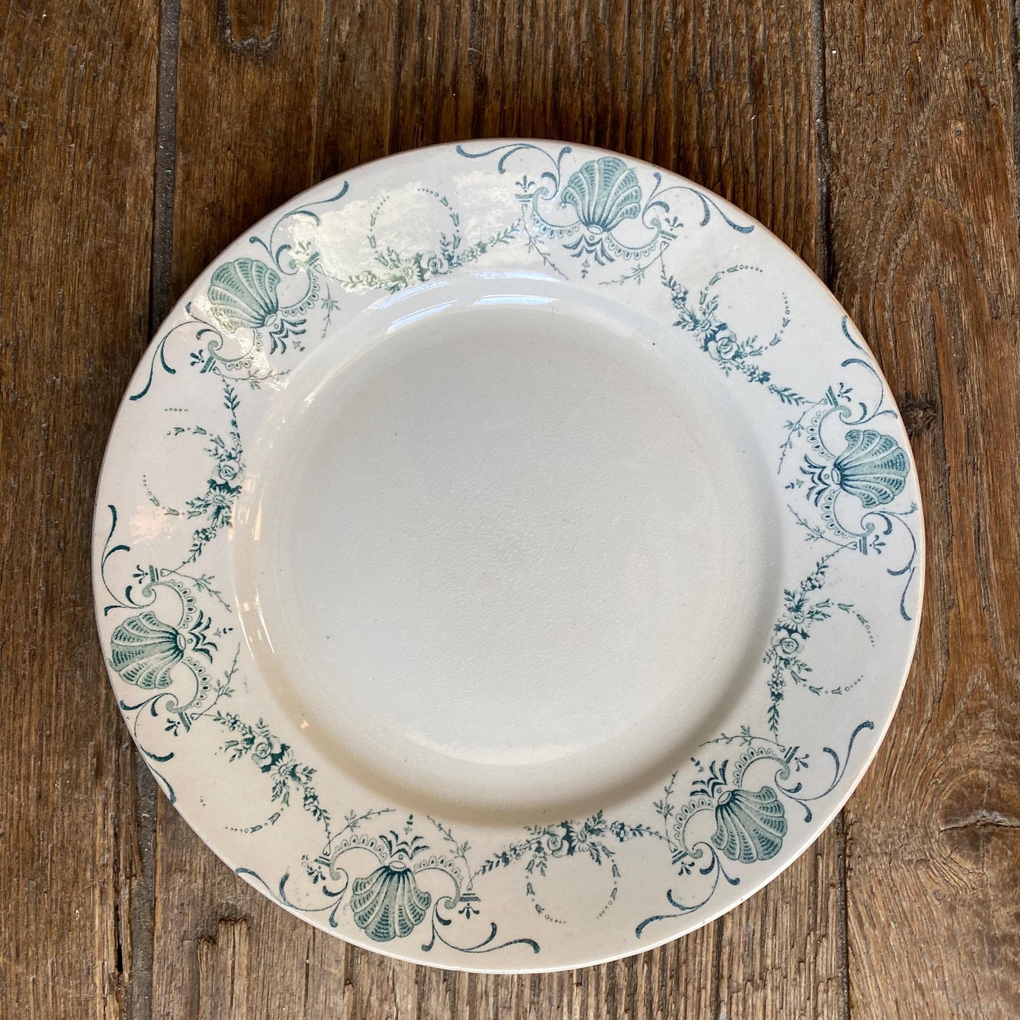 SET 6 mismatched antique ironstone dinner plates, green transferware cottage style, Aesthetic movement French c1890