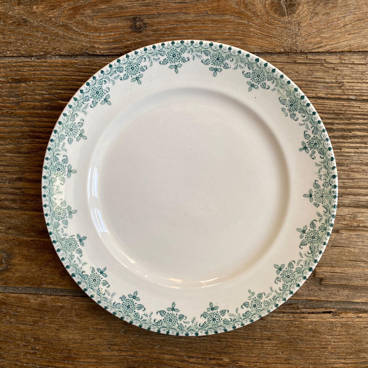 SET 6 mismatched antique ironstone dinner plates, green transferware cottage style, Aesthetic movement French c1890