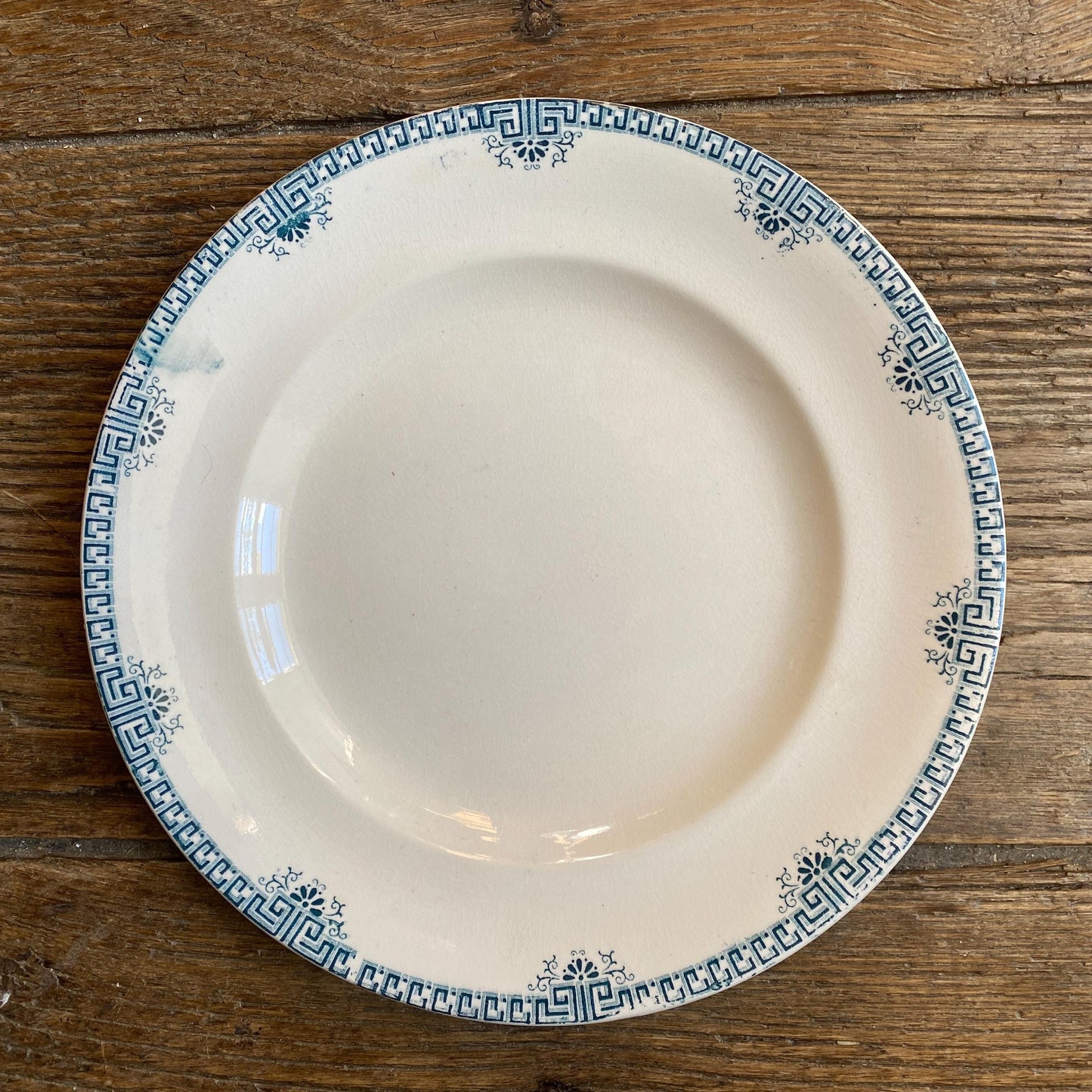 SET 6 mismatched antique ironstone dinner plates, green transferware cottage style, Aesthetic movement French c1890