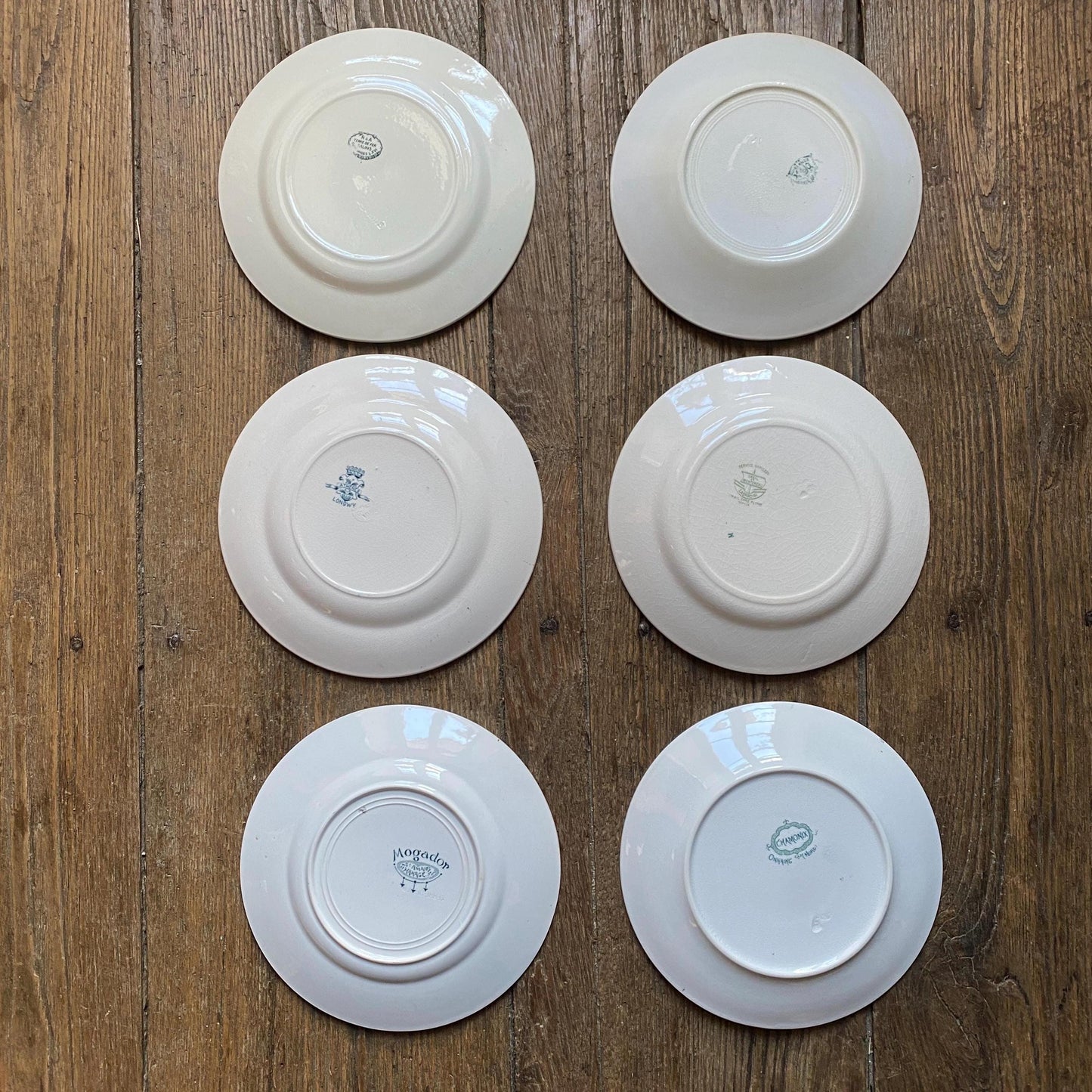 SET 6 mismatched antique ironstone dinner plates, green transferware cottage style, Aesthetic movement French c1890
